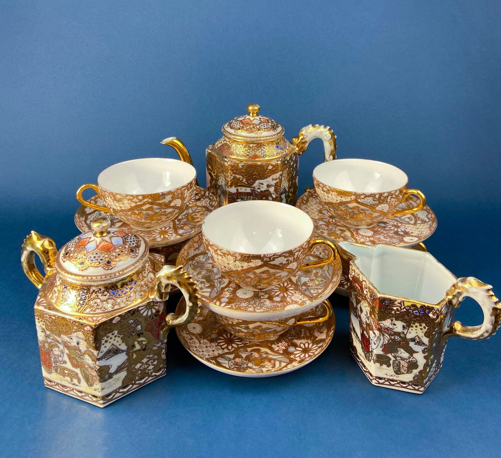 Antique Japanese Moriage Tea Cup Set. Gold Hand Painted Teaware with Teapot, Sugar Bowl, Creamer, and Six Japanese Tea Cups. - Tampa Home & Garden Store