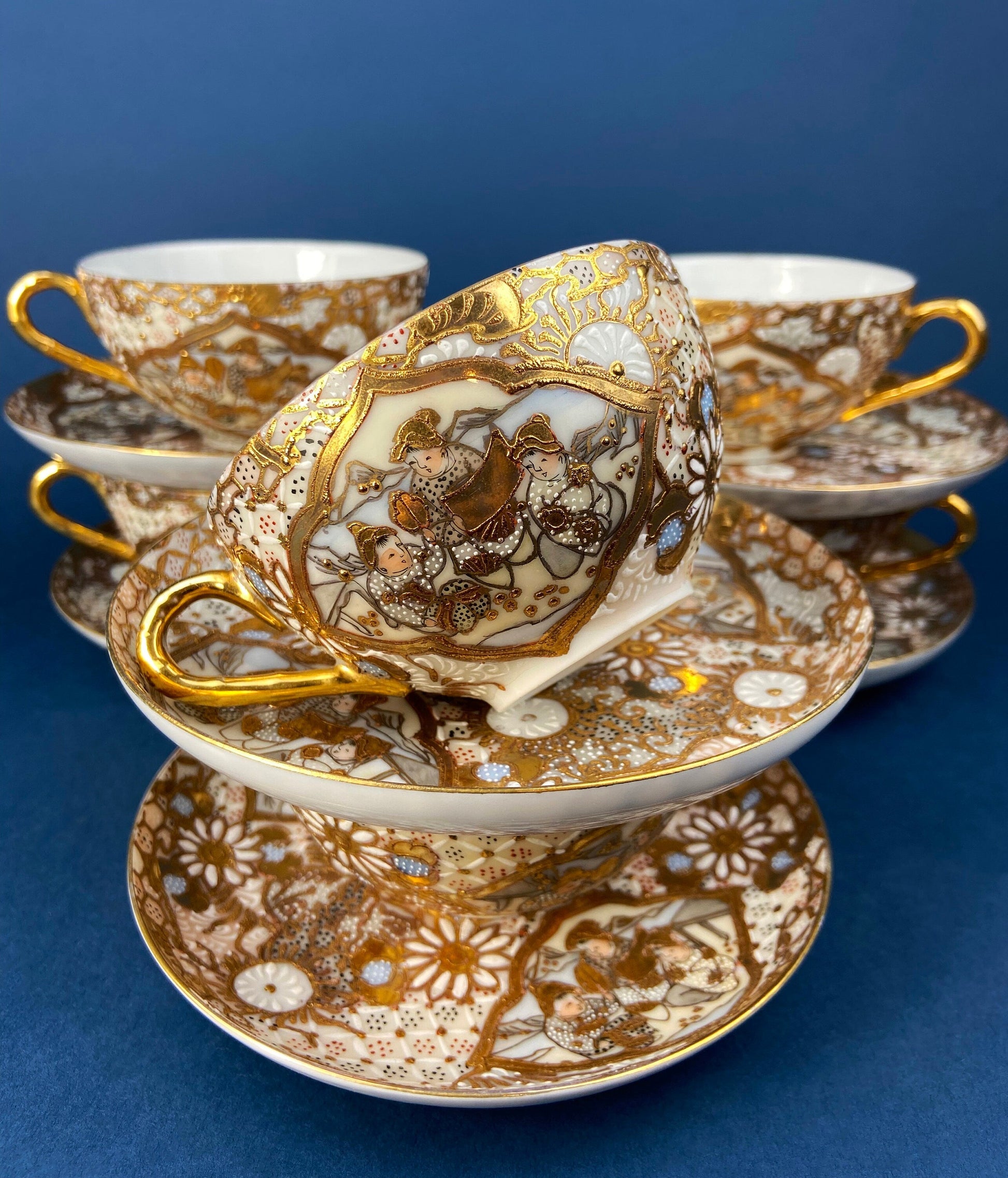Antique Japanese Moriage Tea Cup Set. Gold Hand Painted Teaware with Teapot, Sugar Bowl, Creamer, and Six Japanese Tea Cups. - Tampa Home & Garden Store