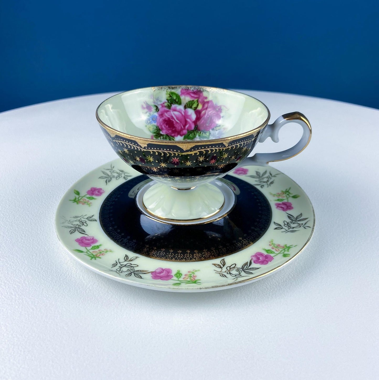 Antique Lefton Black and Gold Tea Cup and Saucer. Hand Painted Rose Motif. Dining Room Decor. Gift for Him or Her. Collectible Porcelain. - Tampa Home & Garden Store