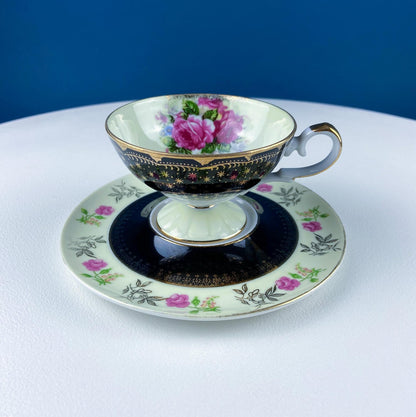 Antique Lefton Black and Gold Tea Cup and Saucer. Hand Painted Rose Motif. Dining Room Decor. Gift for Him or Her. Collectible Porcelain. - Tampa Home & Garden Store