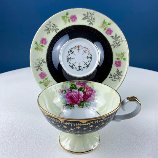 Antique Lefton Black and Gold Tea Cup and Saucer. Hand Painted Rose Motif. Dining Room Decor. Gift for Him or Her. Collectible Porcelain. - Tampa Home & Garden Store