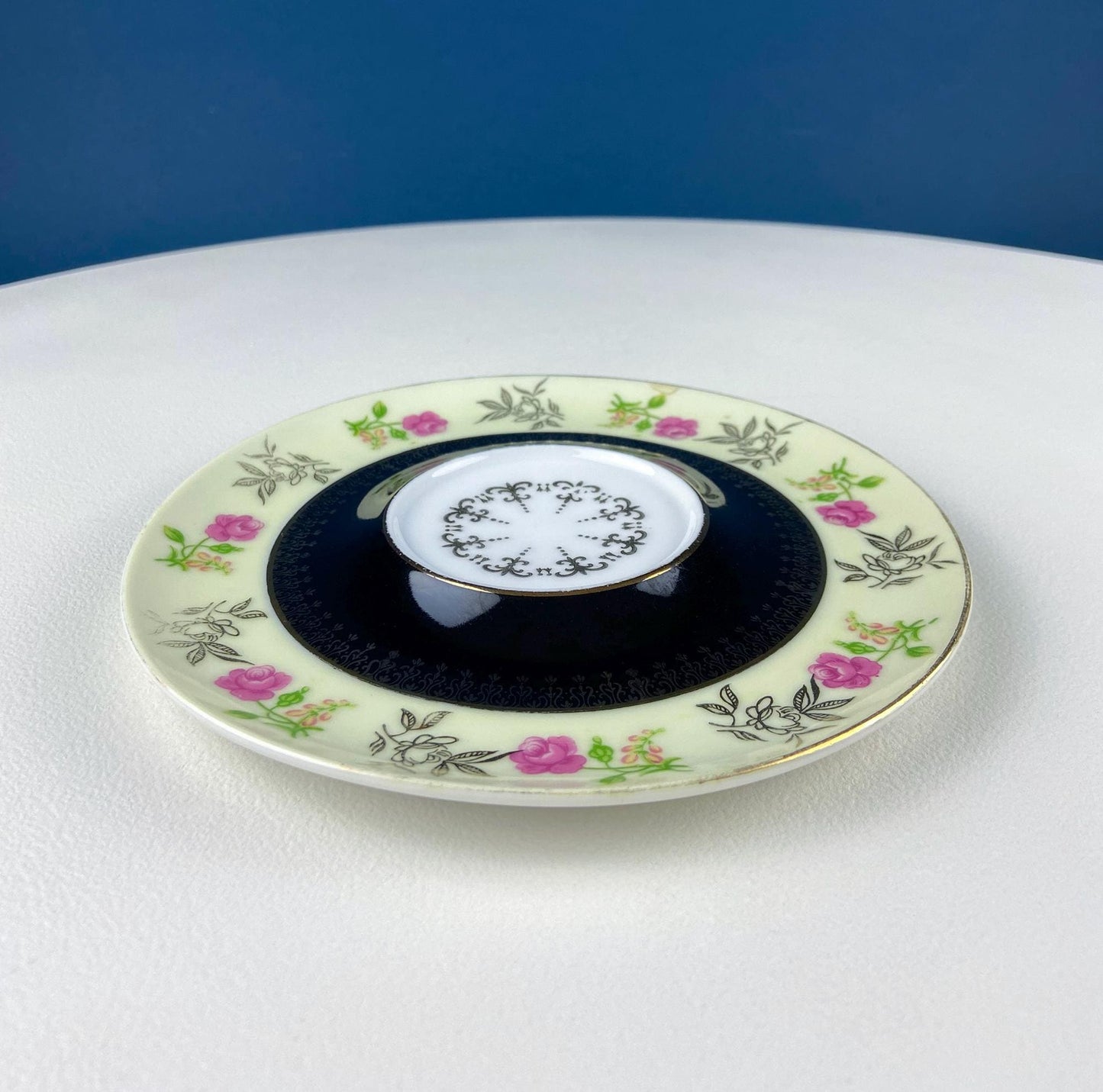 Antique Lefton Black and Gold Tea Cup and Saucer. Hand Painted Rose Motif. Dining Room Decor. Gift for Him or Her. Collectible Porcelain. - Tampa Home & Garden Store