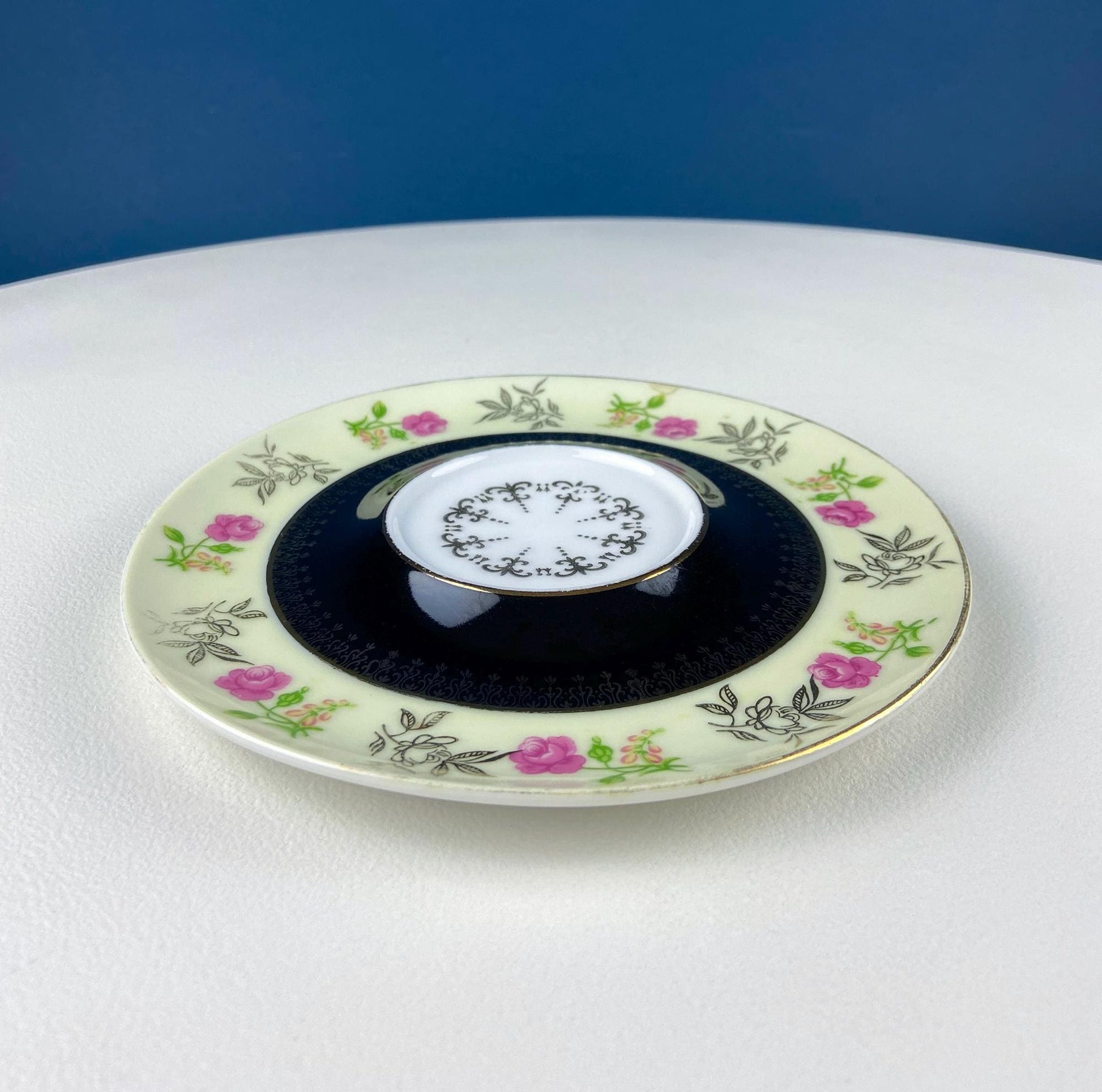 Antique Lefton Black and Gold Tea Cup and Saucer. Hand Painted Rose Motif. Dining Room Decor. Gift for Him or Her. Collectible Porcelain. - Tampa Home & Garden Store