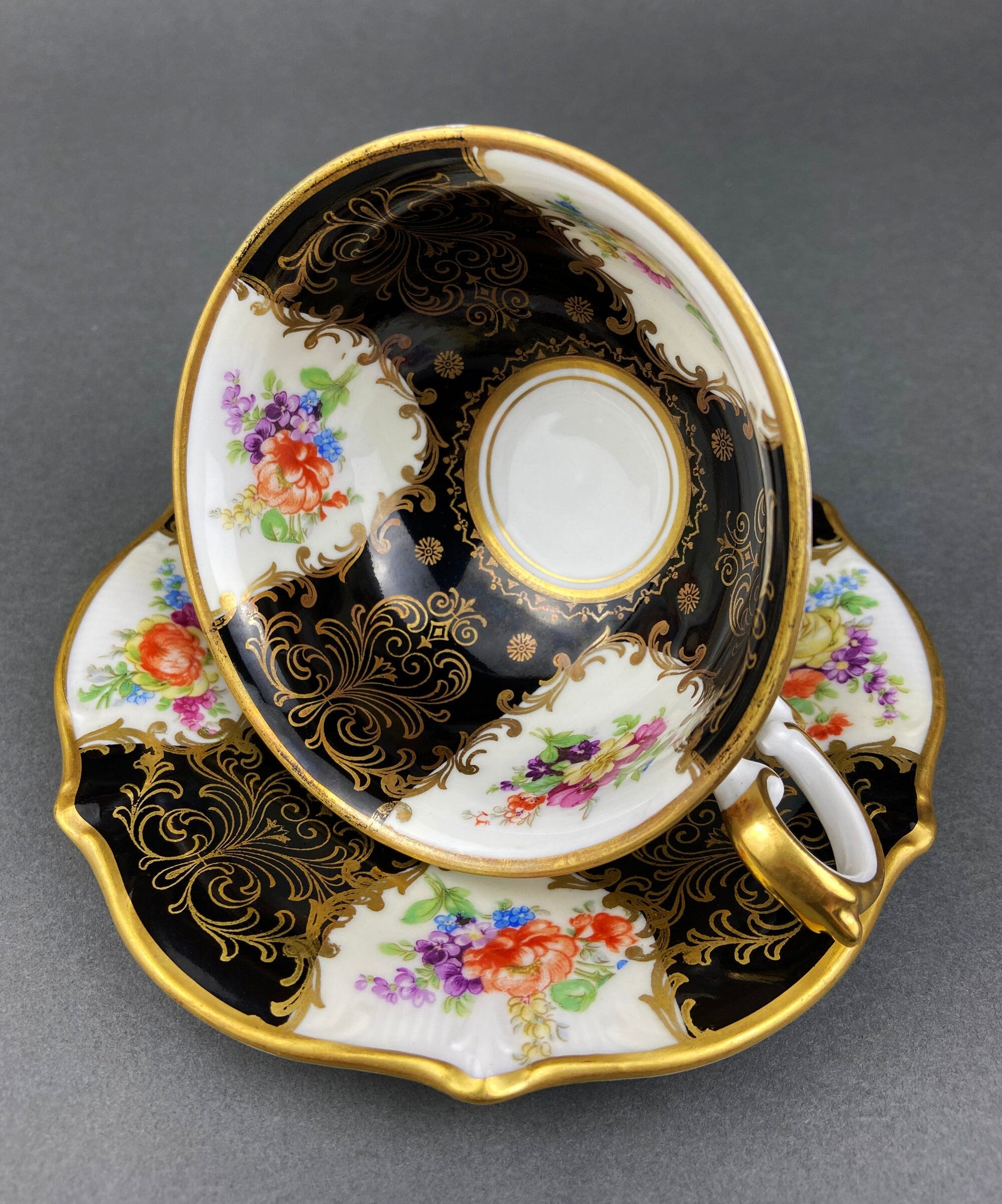 Antique Lefton Black and Gold Tea Cup and Saucer. Hand Painted Rose Motif. Dining Room Decor. Gift for Him or Her. Collectible Porcelain. - Tampa Home & Garden Store