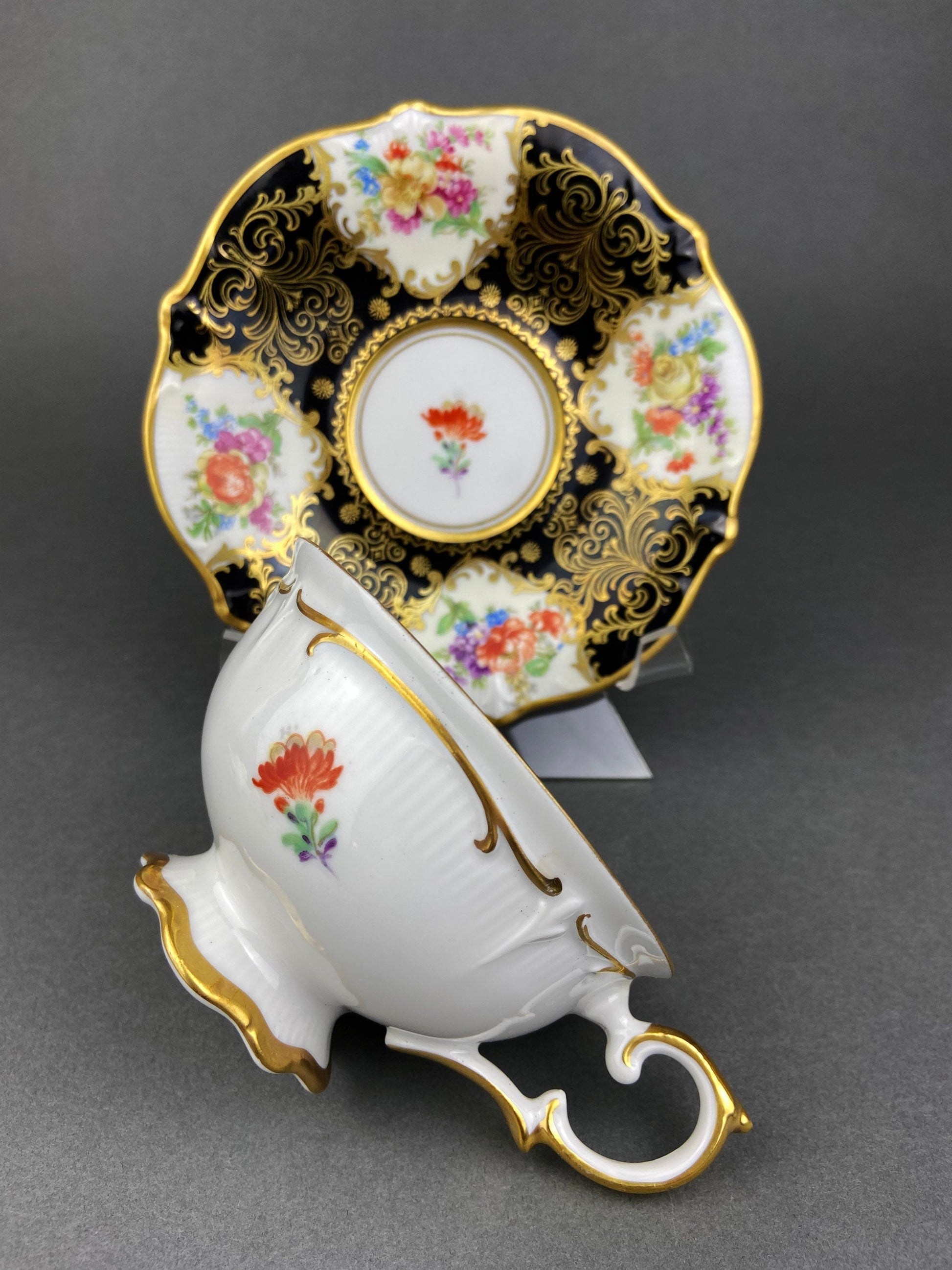 Antique Lefton Black and Gold Tea Cup and Saucer. Hand Painted Rose Motif. Dining Room Decor. Gift for Him or Her. Collectible Porcelain. - Tampa Home & Garden Store