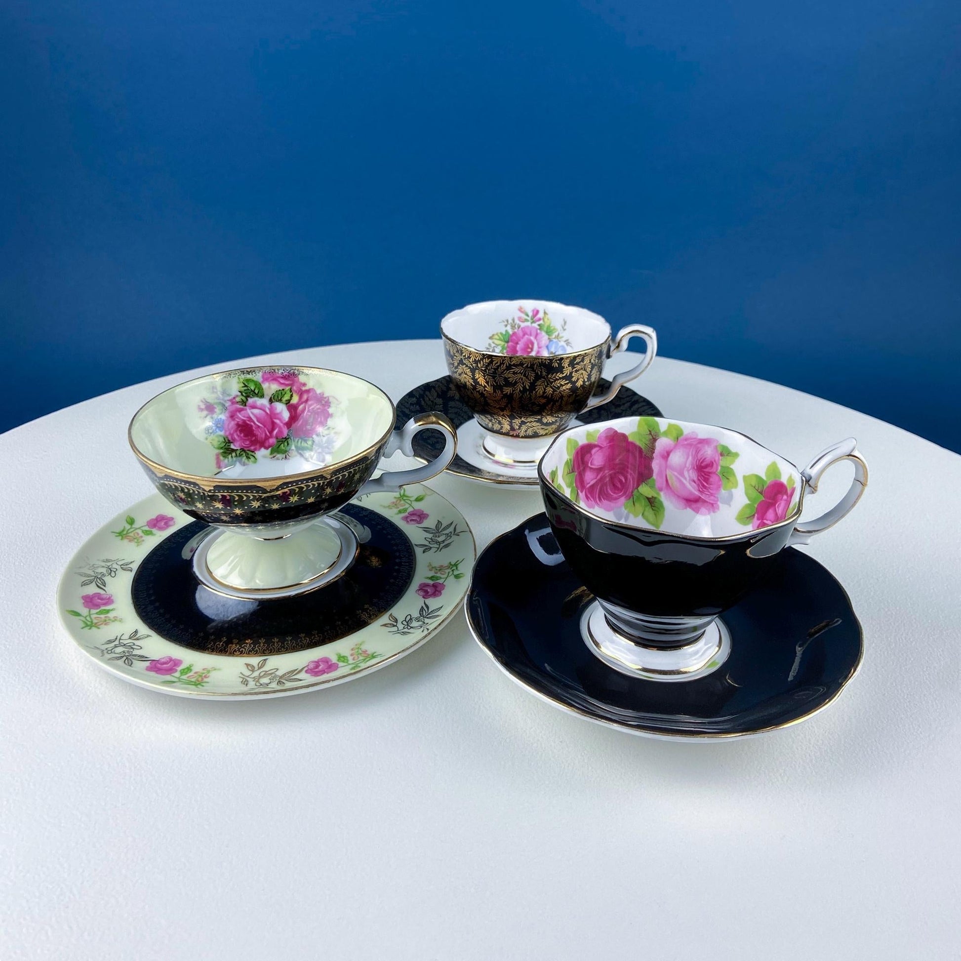 Antique Lefton Black and Gold Tea Cup and Saucer. Hand Painted Rose Motif. Dining Room Decor. Gift for Him or Her. Collectible Porcelain. - Tampa Home & Garden Store