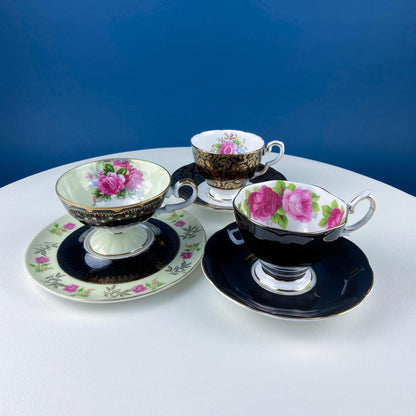 Antique Lefton Black and Gold Tea Cup and Saucer. Hand Painted Rose Motif. Dining Room Decor. Gift for Him or Her. Collectible Porcelain. - Tampa Home & Garden Store