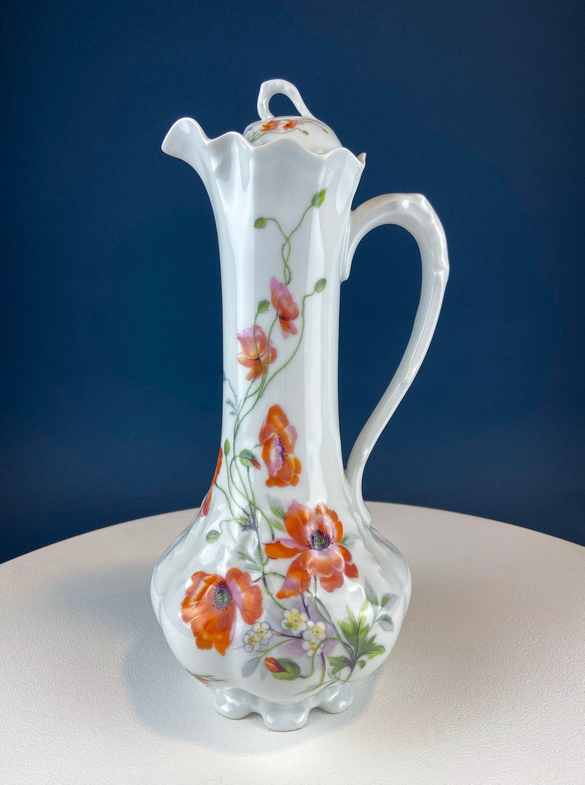 Antique Limoges Coffee Pot or TeaPot. Tall 12-Inch Stunning Vase. Hand-Painted Red Poppies. Beautiful Silhouette. Bohemian Chic. - Tampa Home & Garden Store