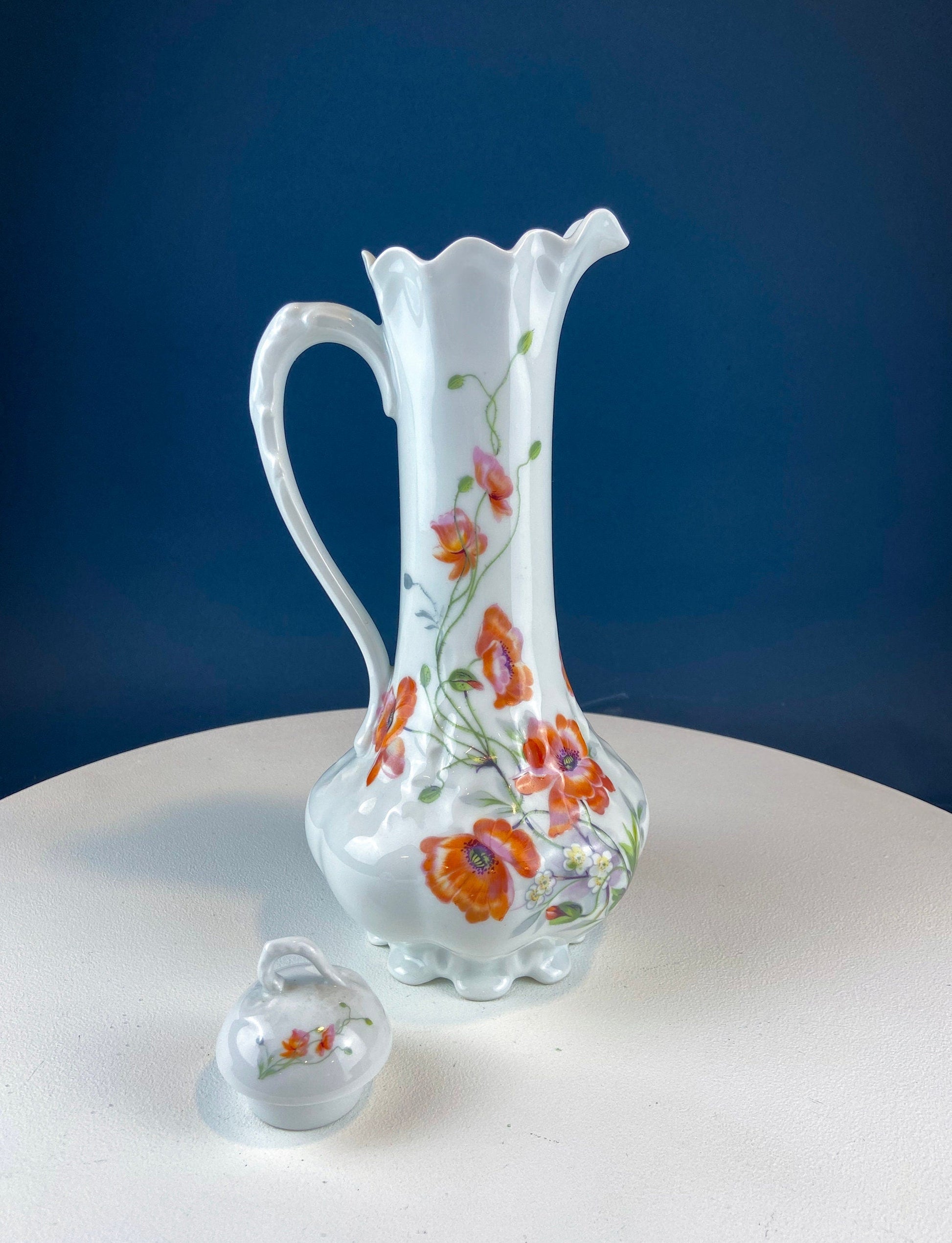 Antique Limoges Coffee Pot or TeaPot. Tall 12-Inch Stunning Vase. Hand-Painted Red Poppies. Beautiful Silhouette. Bohemian Chic. - Tampa Home & Garden Store