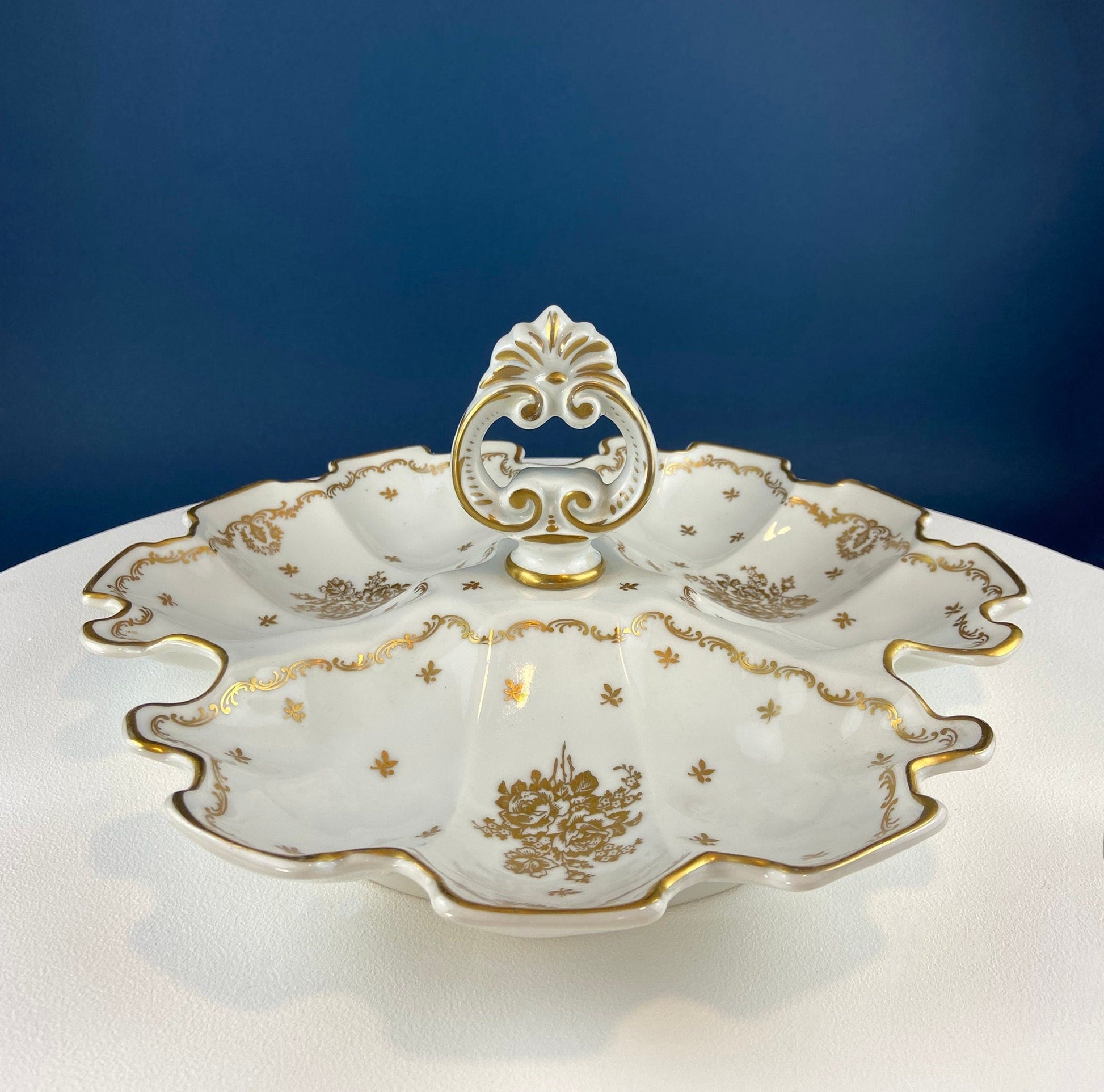Antique Limoges Porcelain Divided Bowl: Gold Floral Motif, Scalloped Rim - Tampa Home & Garden Store