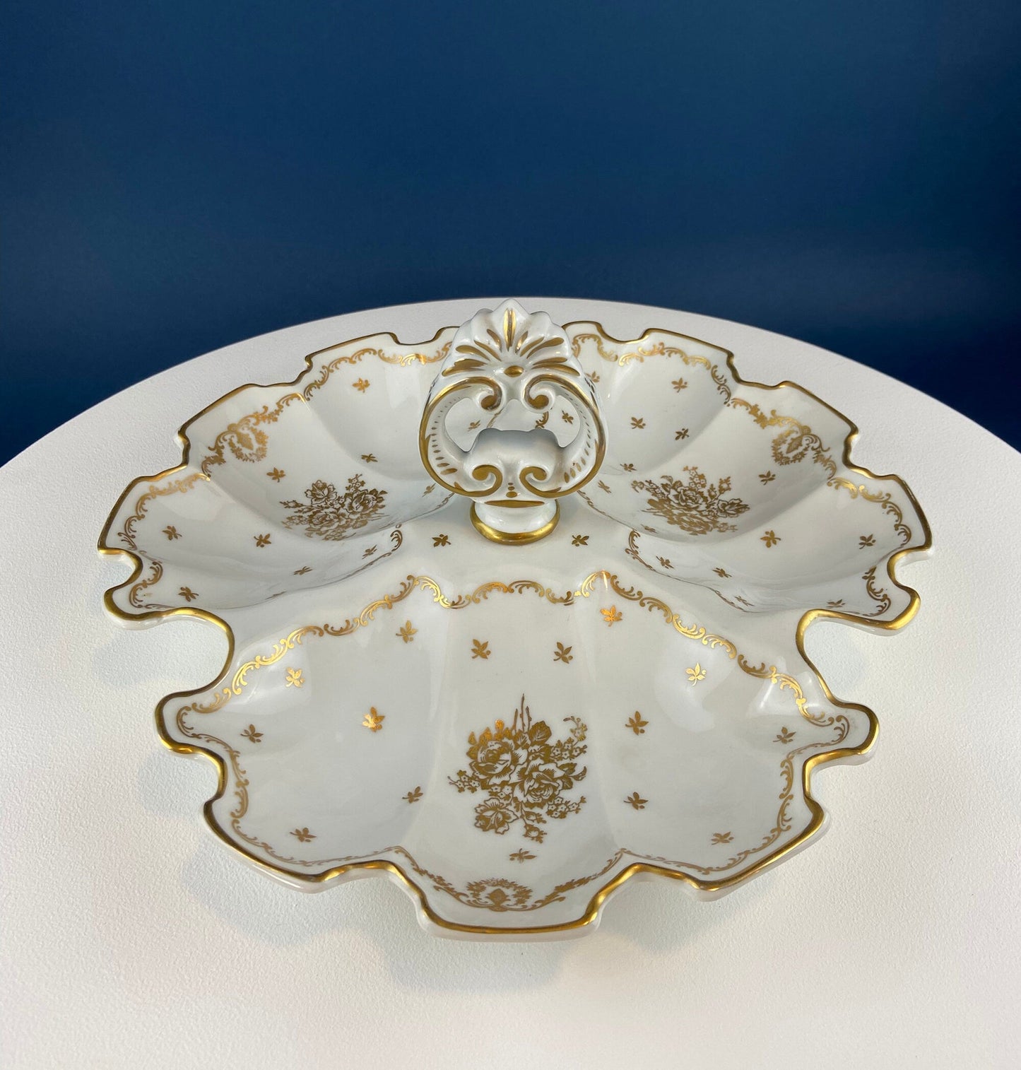 Antique Limoges Porcelain Divided Bowl: Gold Floral Motif, Scalloped Rim - Tampa Home & Garden Store
