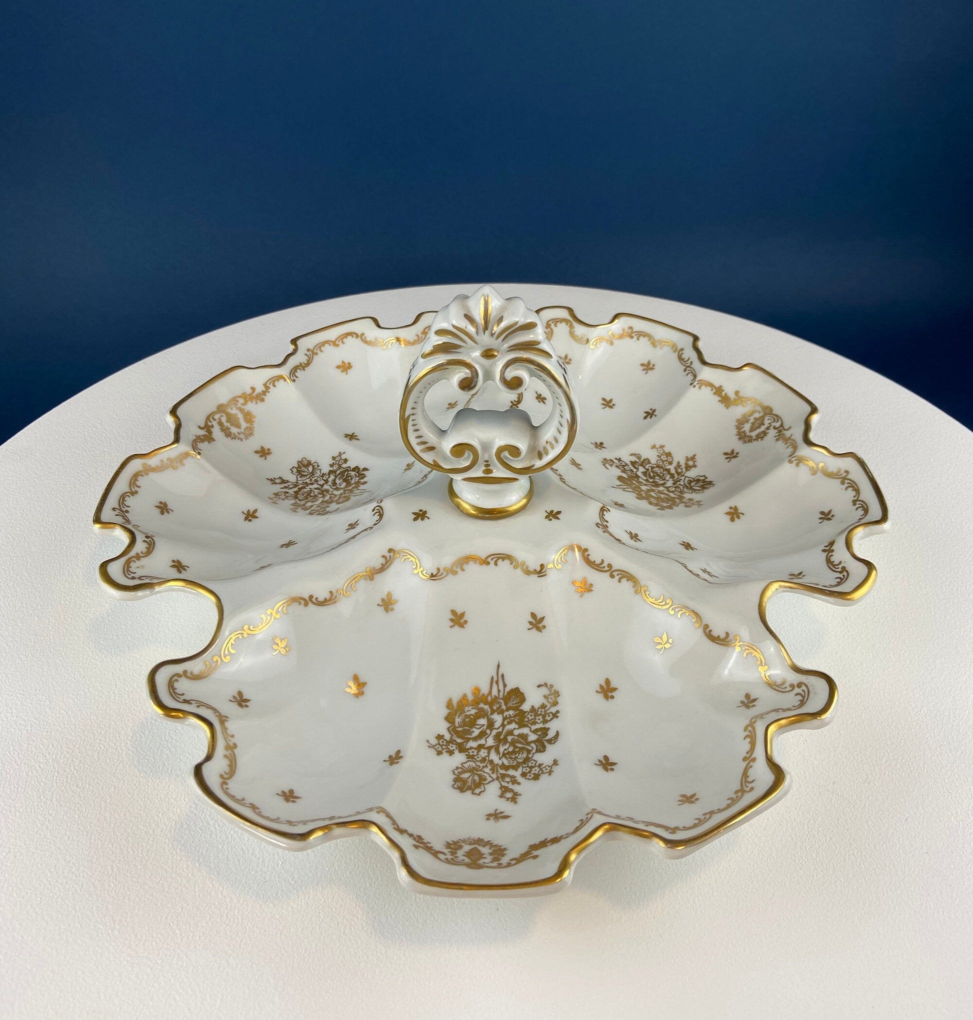 Antique Limoges Porcelain Divided Bowl: Gold Floral Motif, Scalloped Rim - Tampa Home & Garden Store