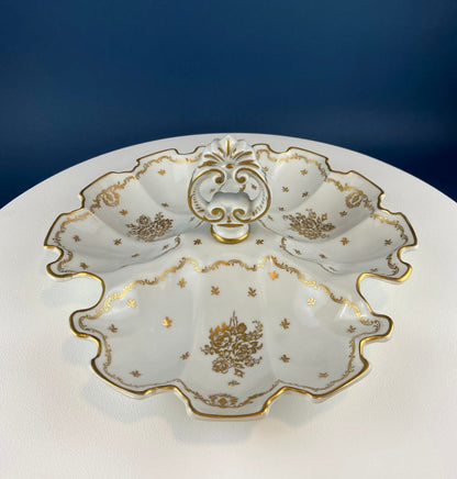 Antique Limoges Porcelain Divided Bowl: Gold Floral Motif, Scalloped Rim - Tampa Home & Garden Store