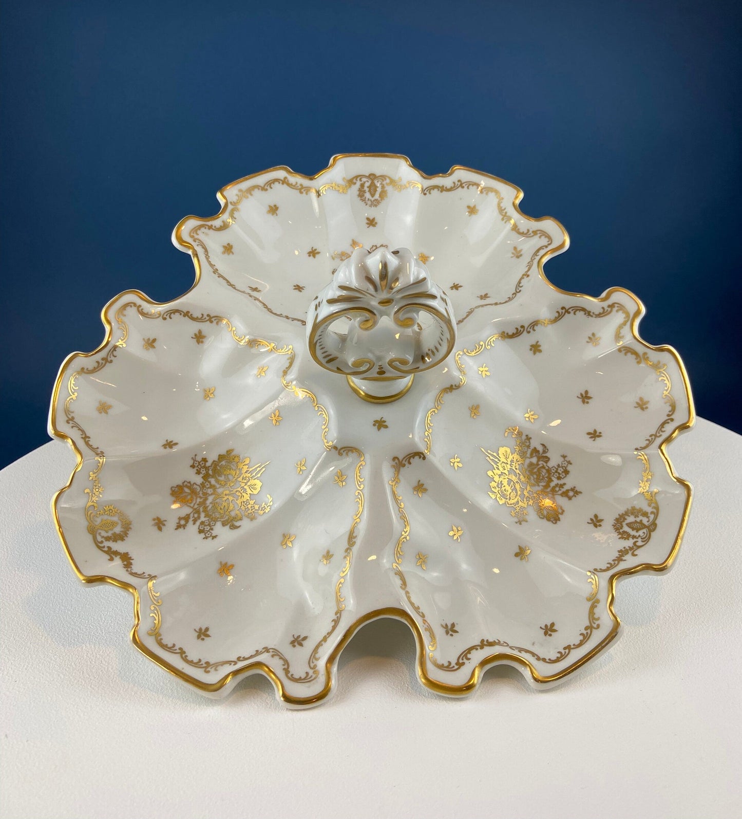 Antique Limoges Porcelain Divided Bowl: Gold Floral Motif, Scalloped Rim - Tampa Home & Garden Store