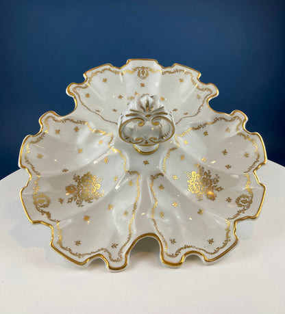 Antique Limoges Porcelain Divided Bowl: Gold Floral Motif, Scalloped Rim - Tampa Home & Garden Store