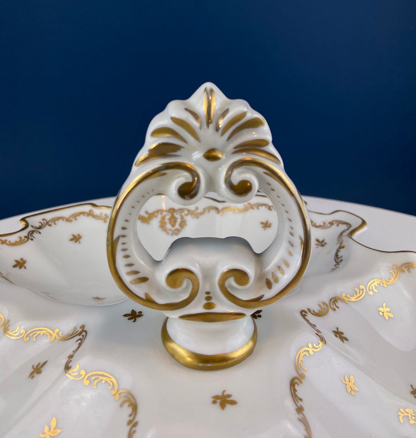Antique Limoges Porcelain Divided Bowl: Gold Floral Motif, Scalloped Rim - Tampa Home & Garden Store