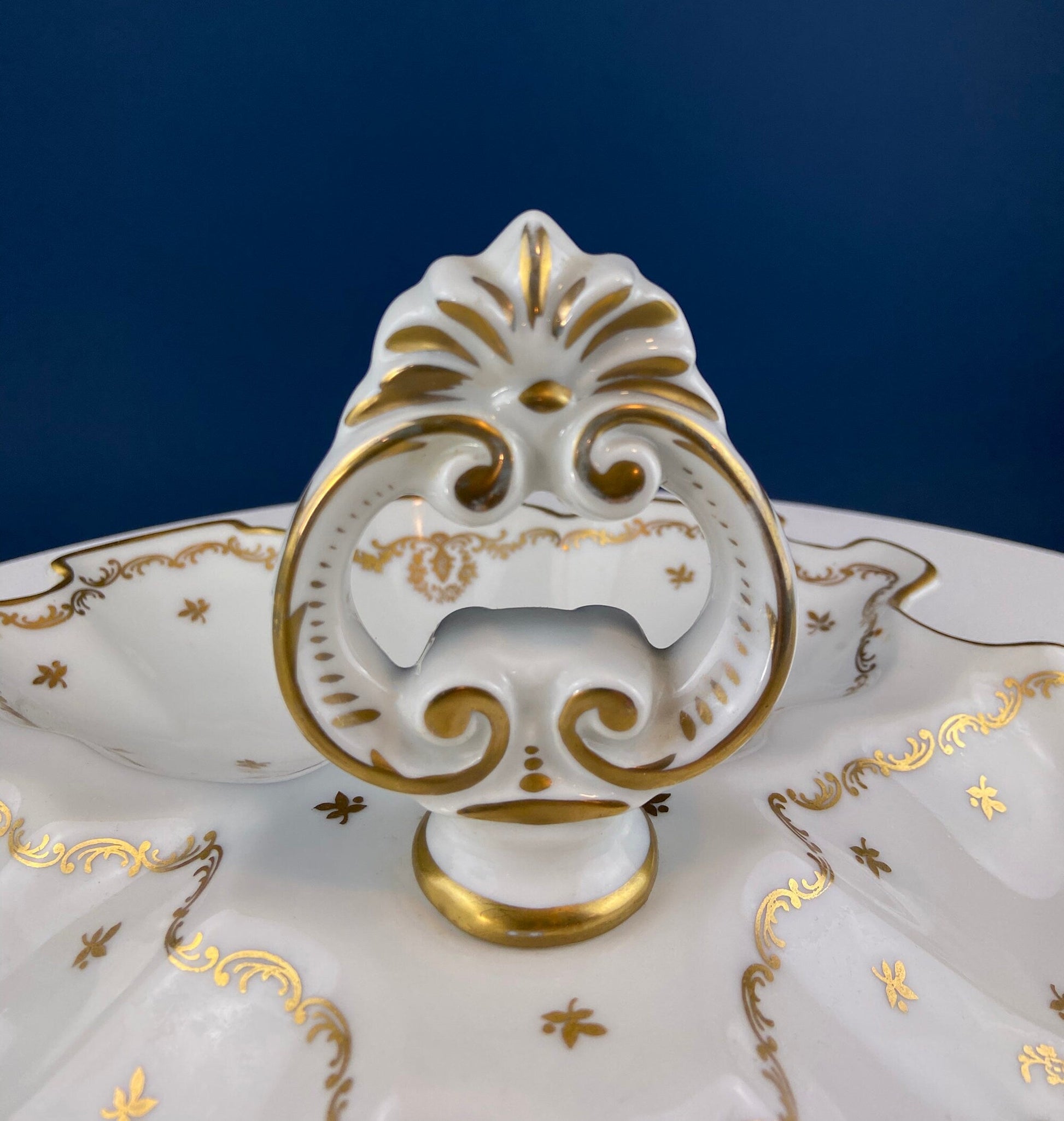 Antique Limoges Porcelain Divided Bowl: Gold Floral Motif, Scalloped Rim - Tampa Home & Garden Store