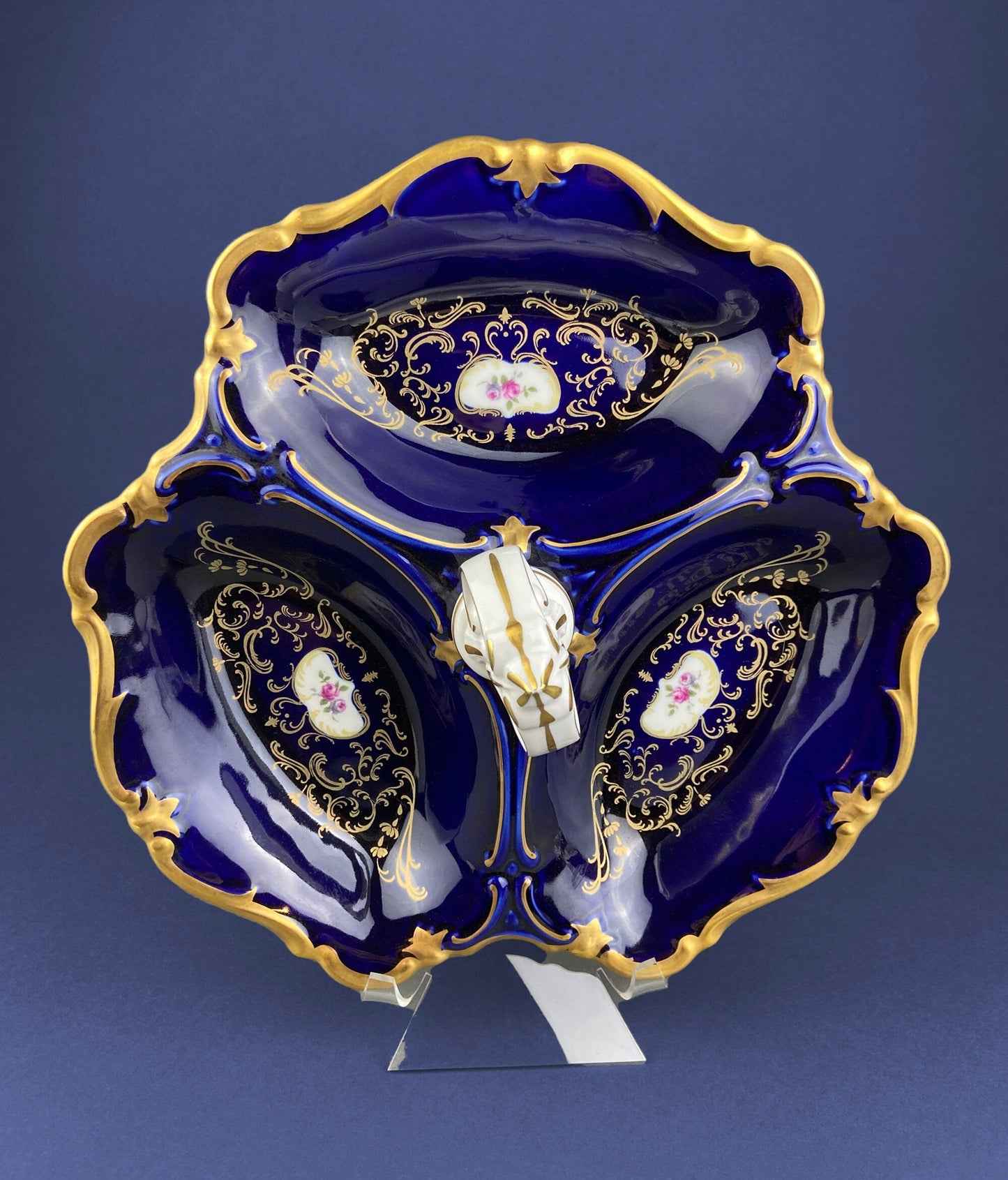 Antique Limoges Porcelain Divided Bowl: Gold Floral Motif, Scalloped Rim - Tampa Home & Garden Store