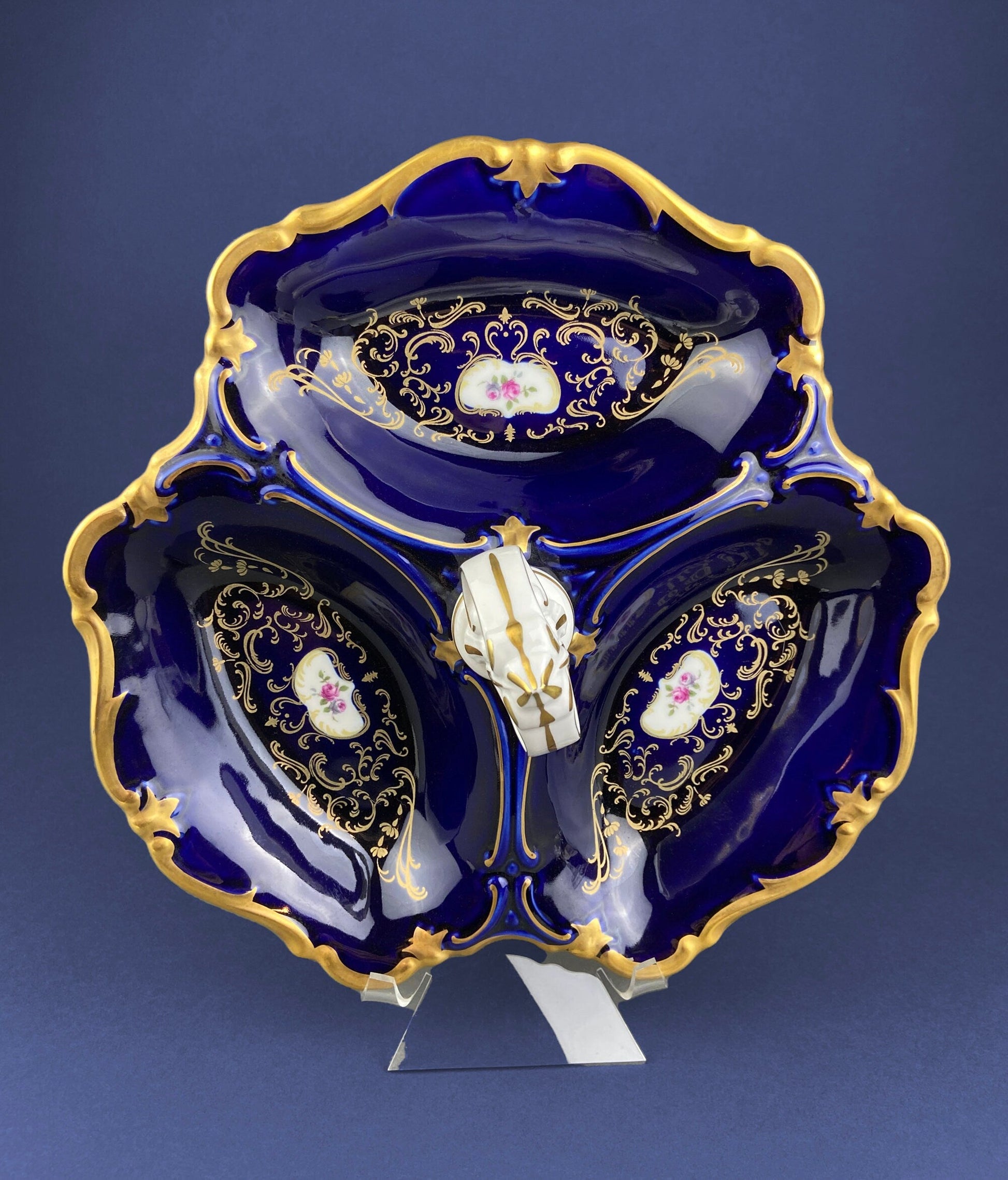 Antique Limoges Porcelain Divided Bowl: Gold Floral Motif, Scalloped Rim - Tampa Home & Garden Store