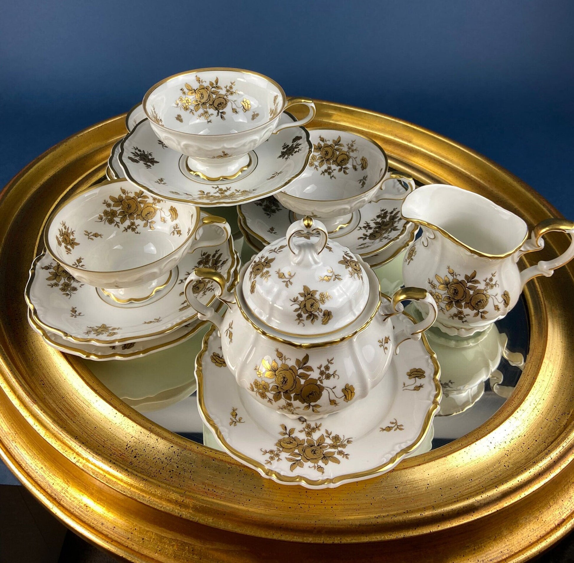 Antique Limoges Porcelain Divided Bowl: Gold Floral Motif, Scalloped Rim - Tampa Home & Garden Store