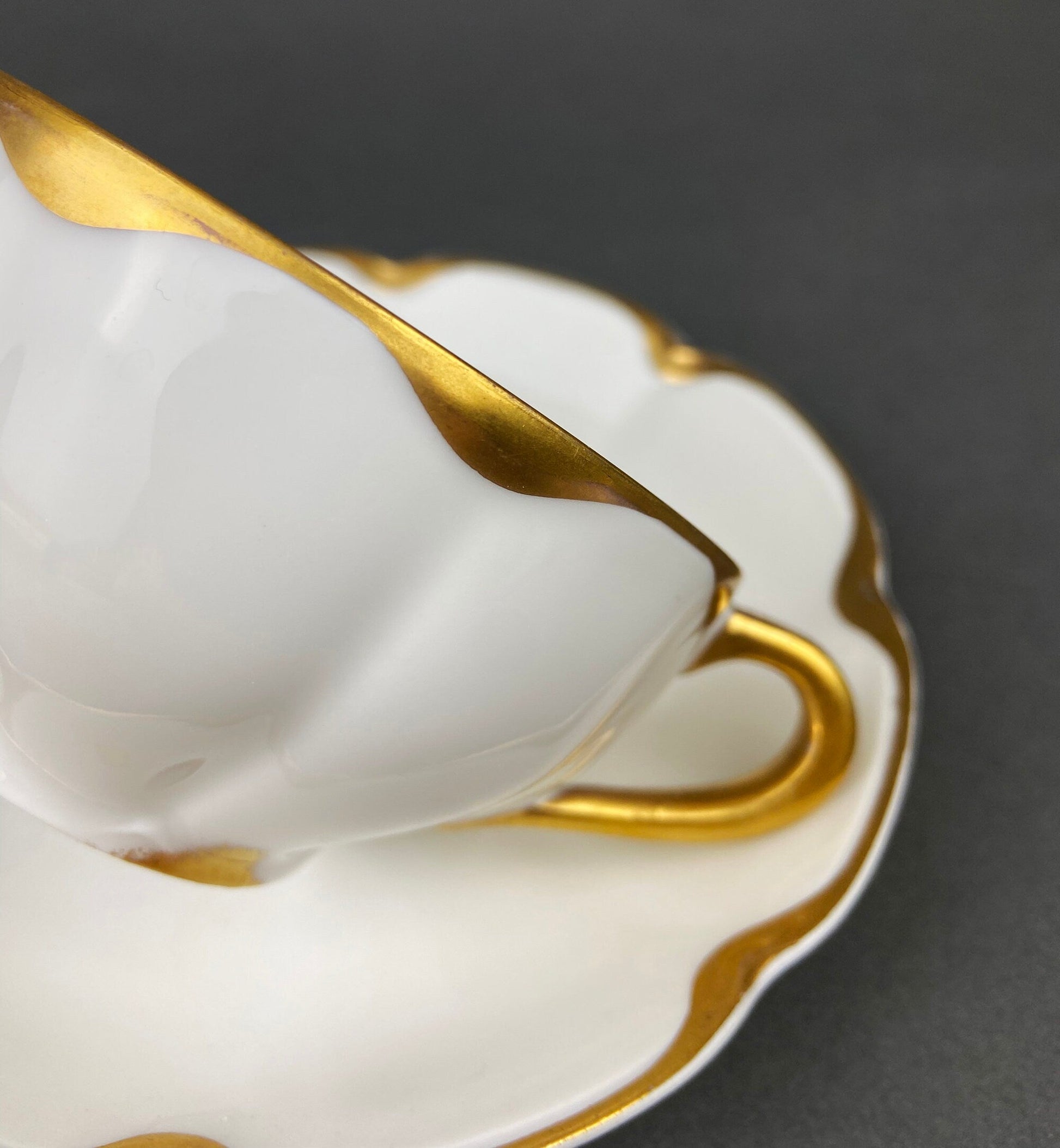 Antique Limoges Porcelain Tea Set/Trio. Tea Cup, Saucer and Salad Plate. White China with Scalloped Gold Rim, Theodore Haviland, France. - Tampa Home & Garden Store
