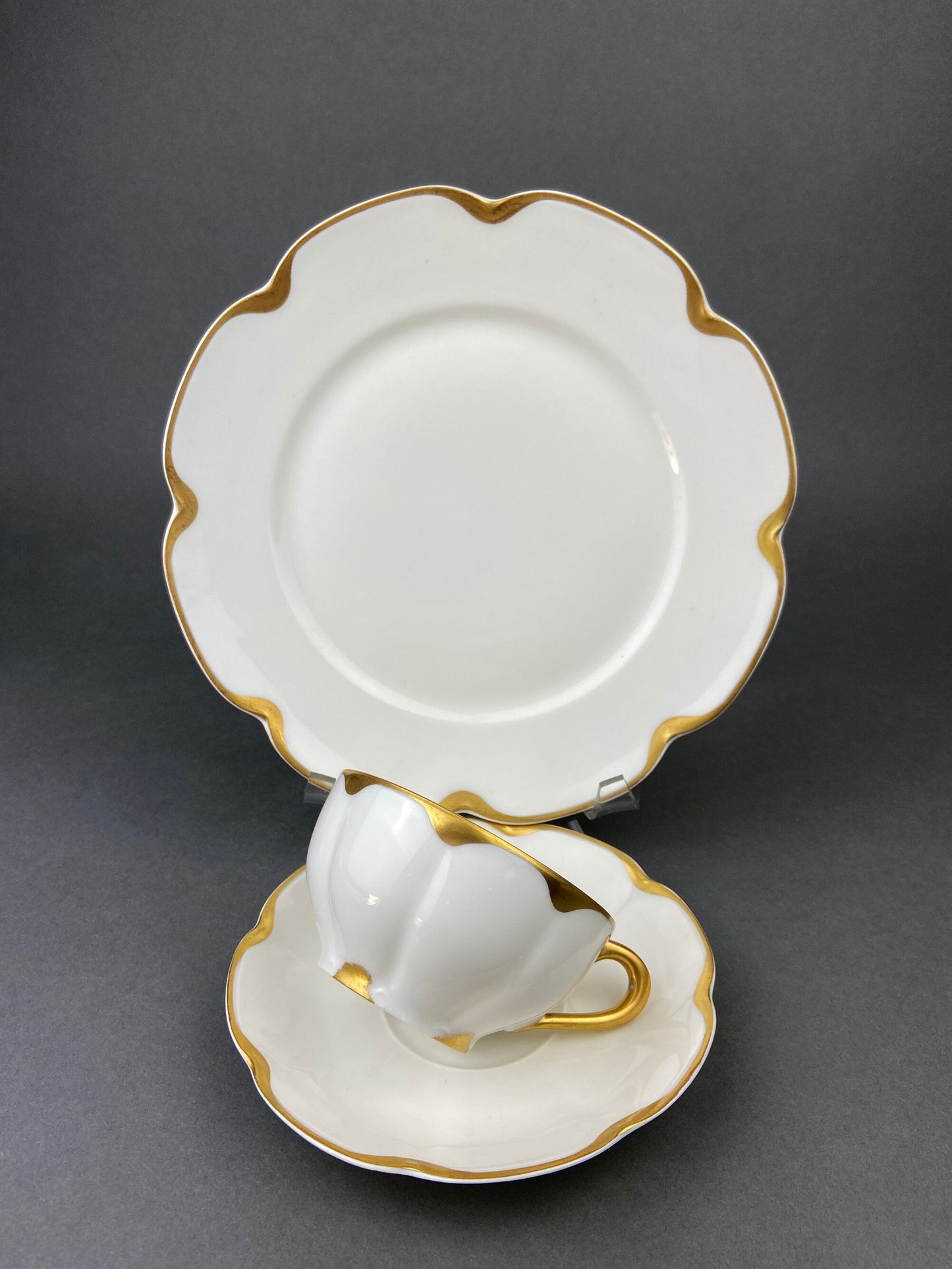 Antique Limoges Porcelain Tea Set/Trio. Tea Cup, Saucer and Salad Plate. White China with Scalloped Gold Rim, Theodore Haviland, France. - Tampa Home & Garden Store