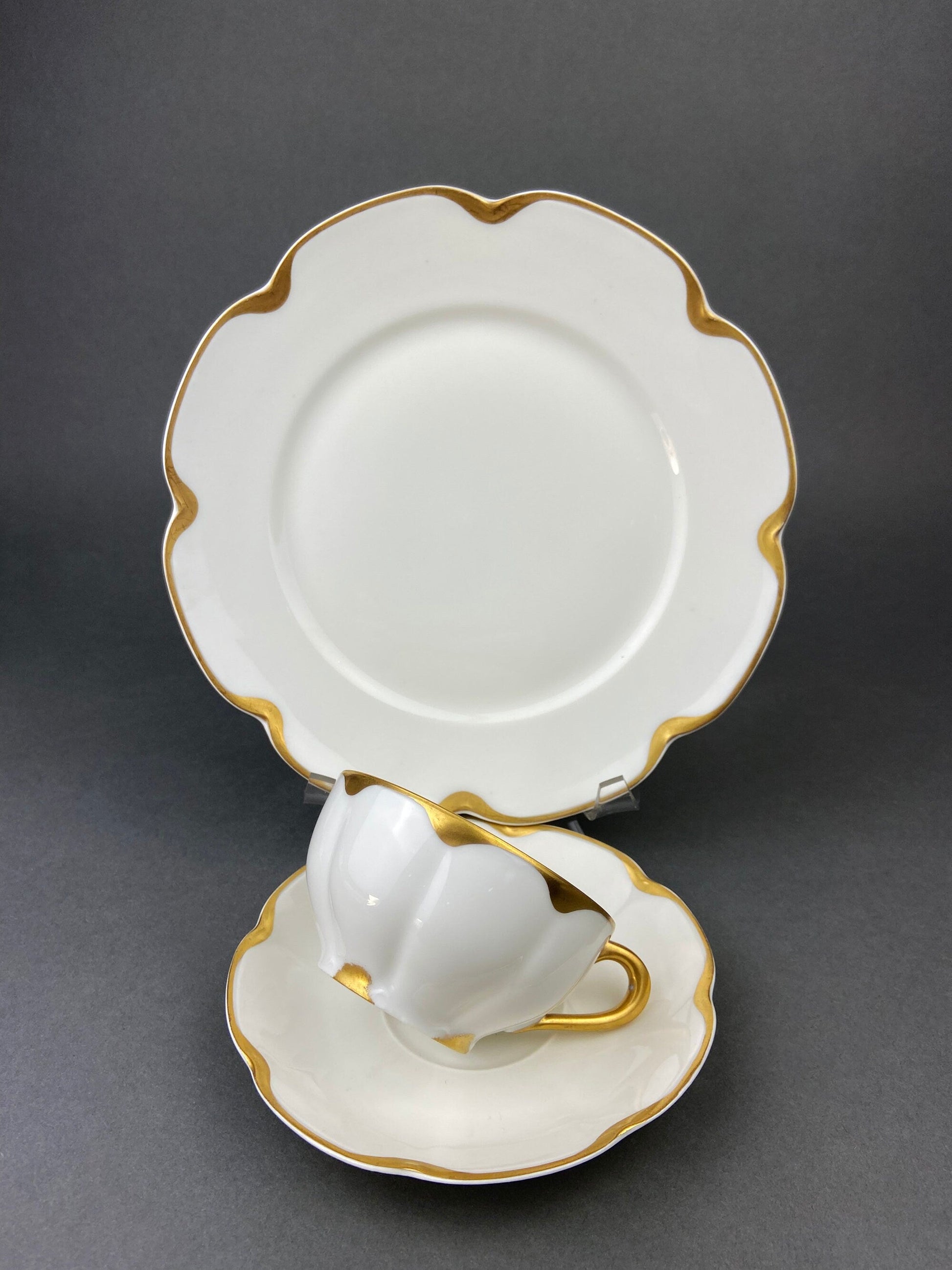 Antique Limoges Porcelain Tea Set/Trio. Tea Cup, Saucer and Salad Plate. White China with Scalloped Gold Rim, Theodore Haviland, France. - Tampa Home & Garden Store