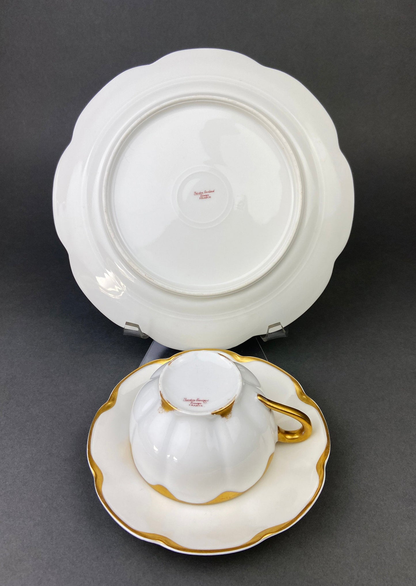 Antique Limoges Porcelain Tea Set/Trio. Tea Cup, Saucer and Salad Plate. White China with Scalloped Gold Rim, Theodore Haviland, France. - Tampa Home & Garden Store