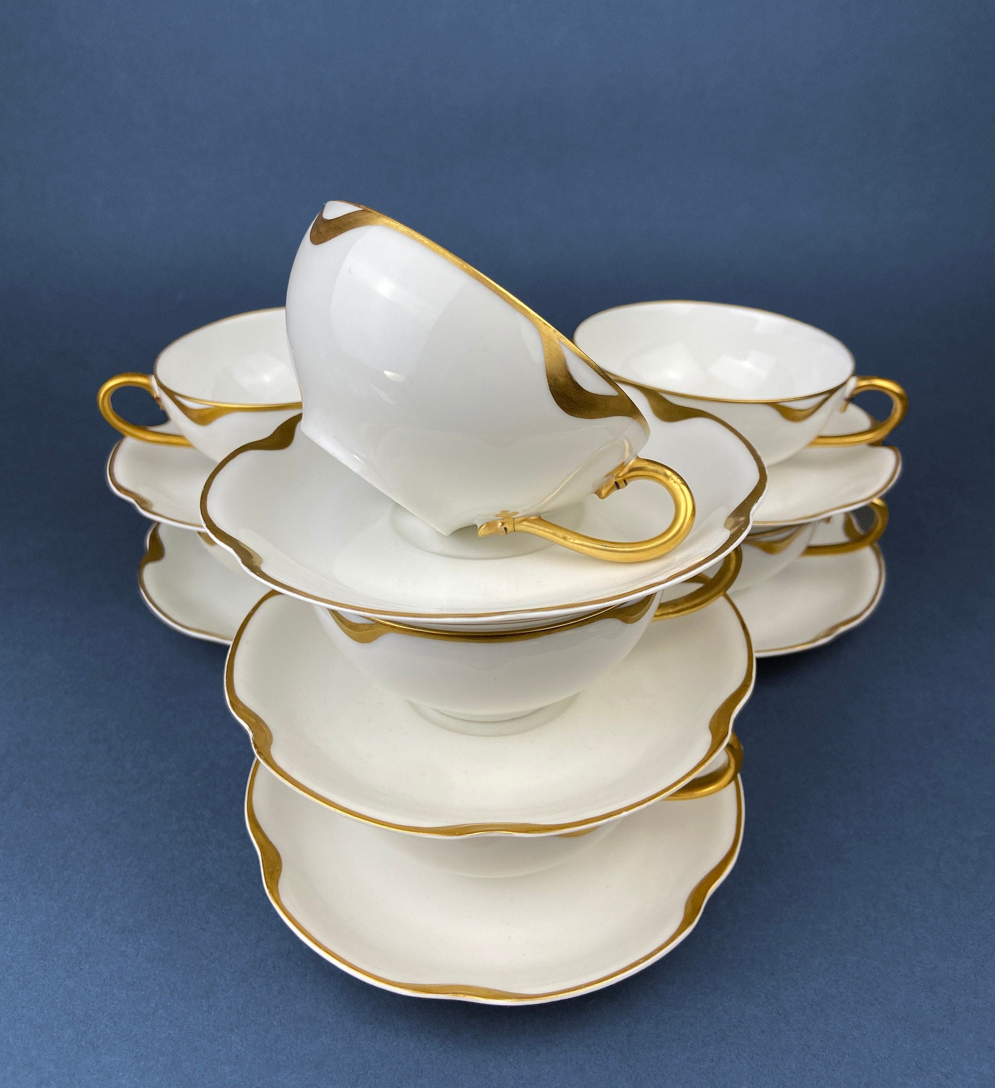 Antique Limoges Porcelain Tea Set/Trio. Tea Cup, Saucer and Salad Plate. White China with Scalloped Gold Rim, Theodore Haviland, France. - Tampa Home & Garden Store