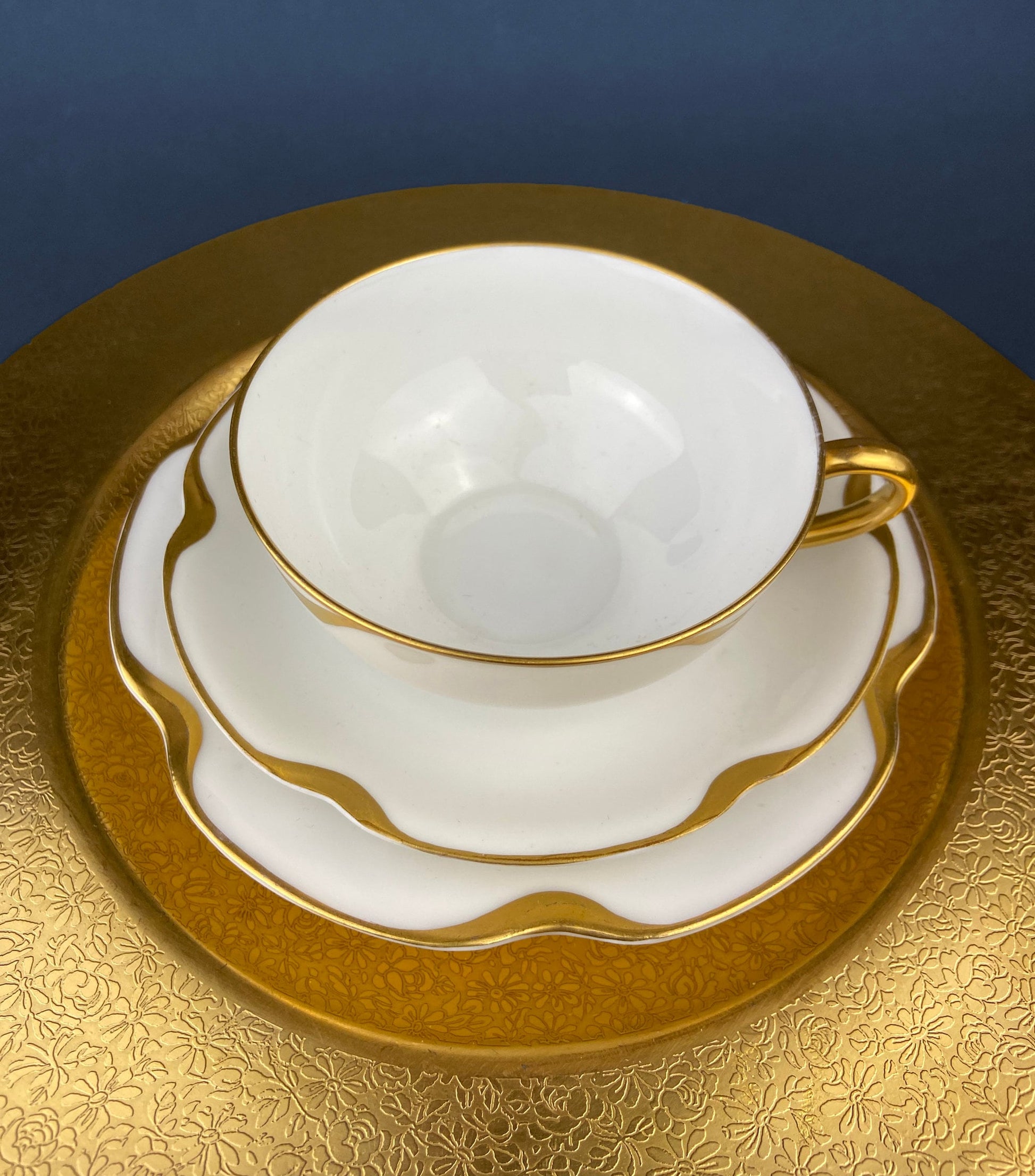 Antique Limoges Porcelain Tea Set/Trio. Tea Cup, Saucer and Salad Plate. White China with Scalloped Gold Rim, Theodore Haviland, France. - Tampa Home & Garden Store
