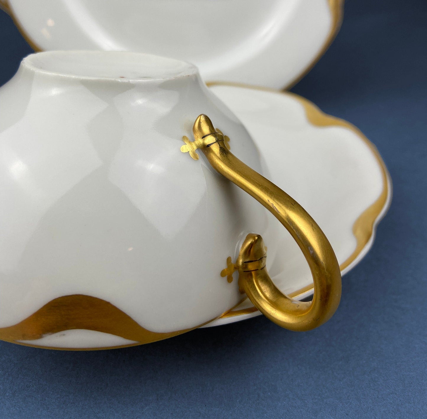 Antique Limoges Porcelain Tea Set/Trio. Teacup, Saucer & Bread/Butter Plate. Silver Anniversary. White China with Gold Rim, Haviland, France - Tampa Home & Garden Store