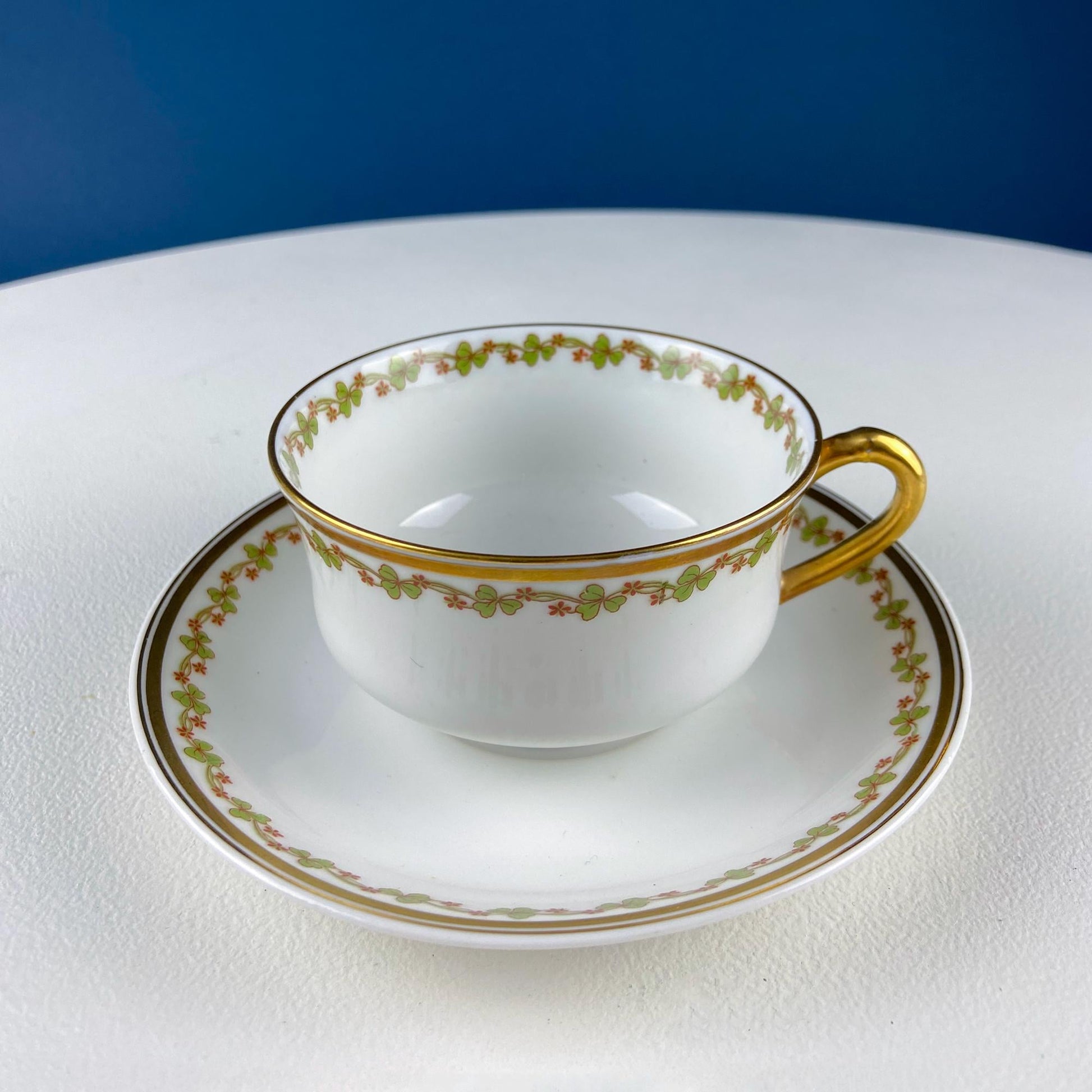 Antique Limoges Porcelain Tea Set with Clover Trim. Set of Six Dessert Plates, 5 Cups and Saucers, & Oval Serving Platter. Haviland France. - Tampa Home & Garden Store