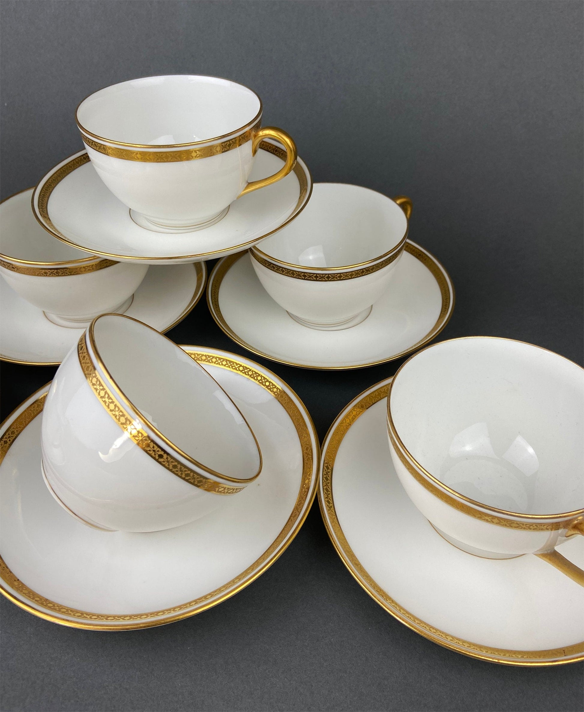 Antique Limoges Porcelain Tea Set with Clover Trim. Set of Six Dessert Plates, 5 Cups and Saucers, & Oval Serving Platter. Haviland France. - Tampa Home & Garden Store
