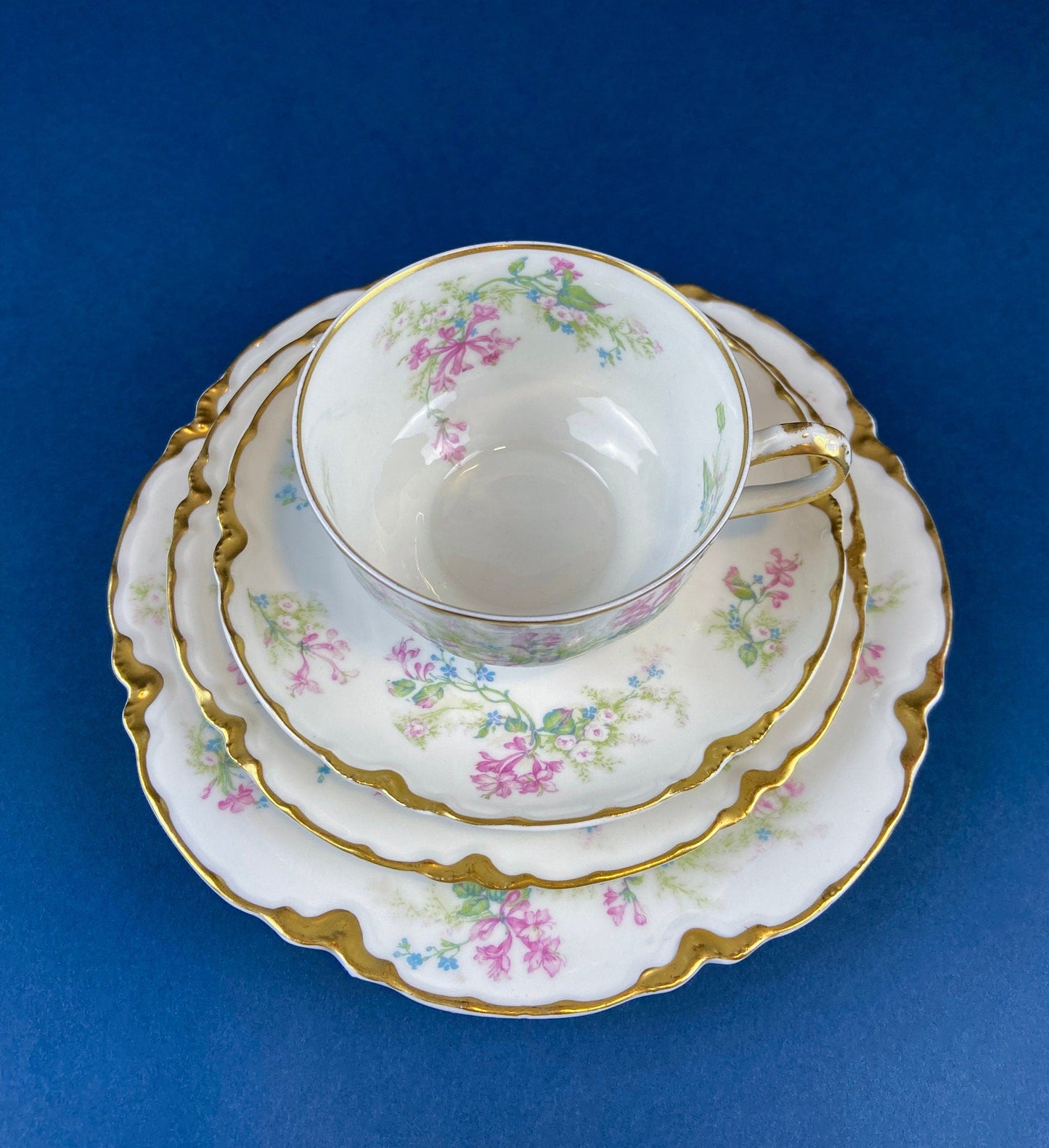 Antique Limoges Trio Tea Set. Floral Motif: Forget-me-nots, Honey Suckle, Roses. Rare Find. French Country Living. Luxurious Dining. - Tampa Home & Garden Store