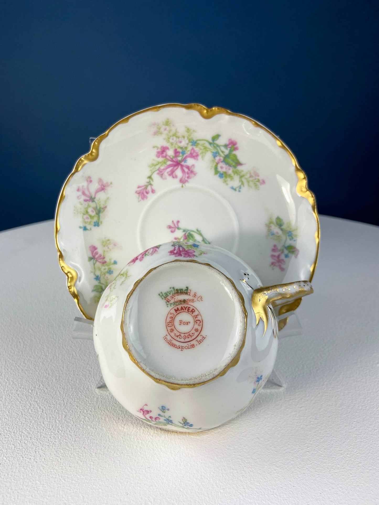 Antique Limoges Trio Tea Set. Floral Motif: Forget-me-nots, Honey Suckle, Roses. Rare Find. French Country Living. Luxurious Dining. - Tampa Home & Garden Store