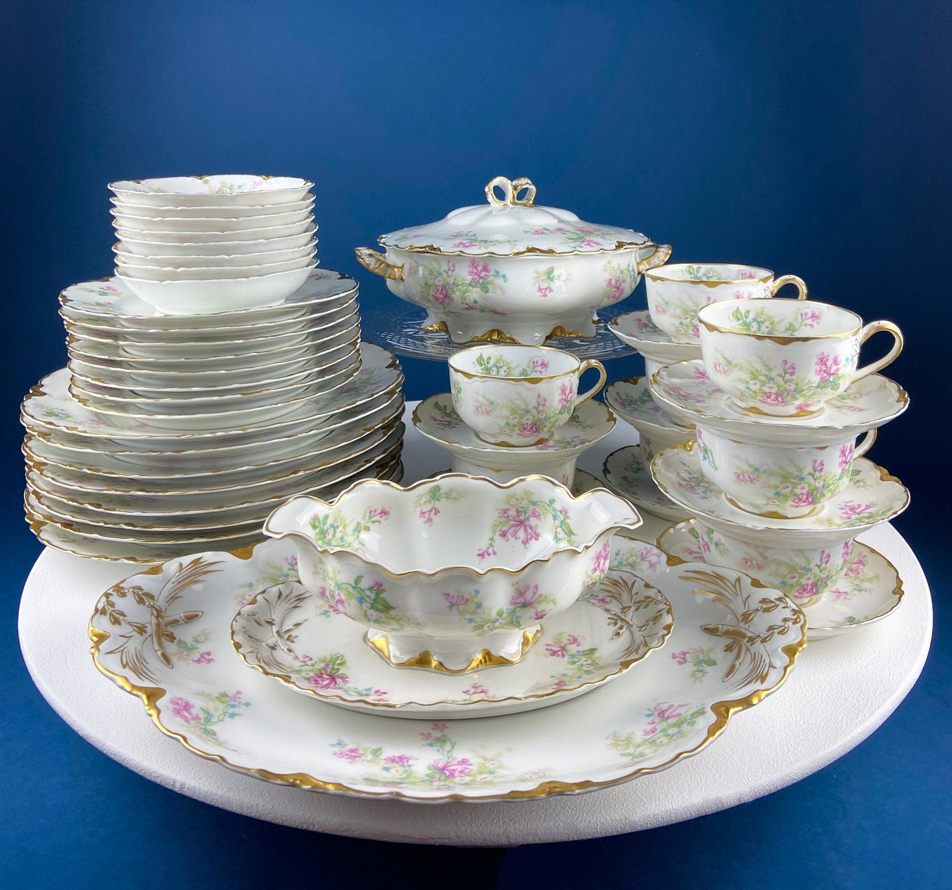 Antique Limoges Trio Tea Set. Floral Motif: Forget-me-nots, Honey Suckle, Roses. Rare Find. French Country Living. Luxurious Dining. - Tampa Home & Garden Store