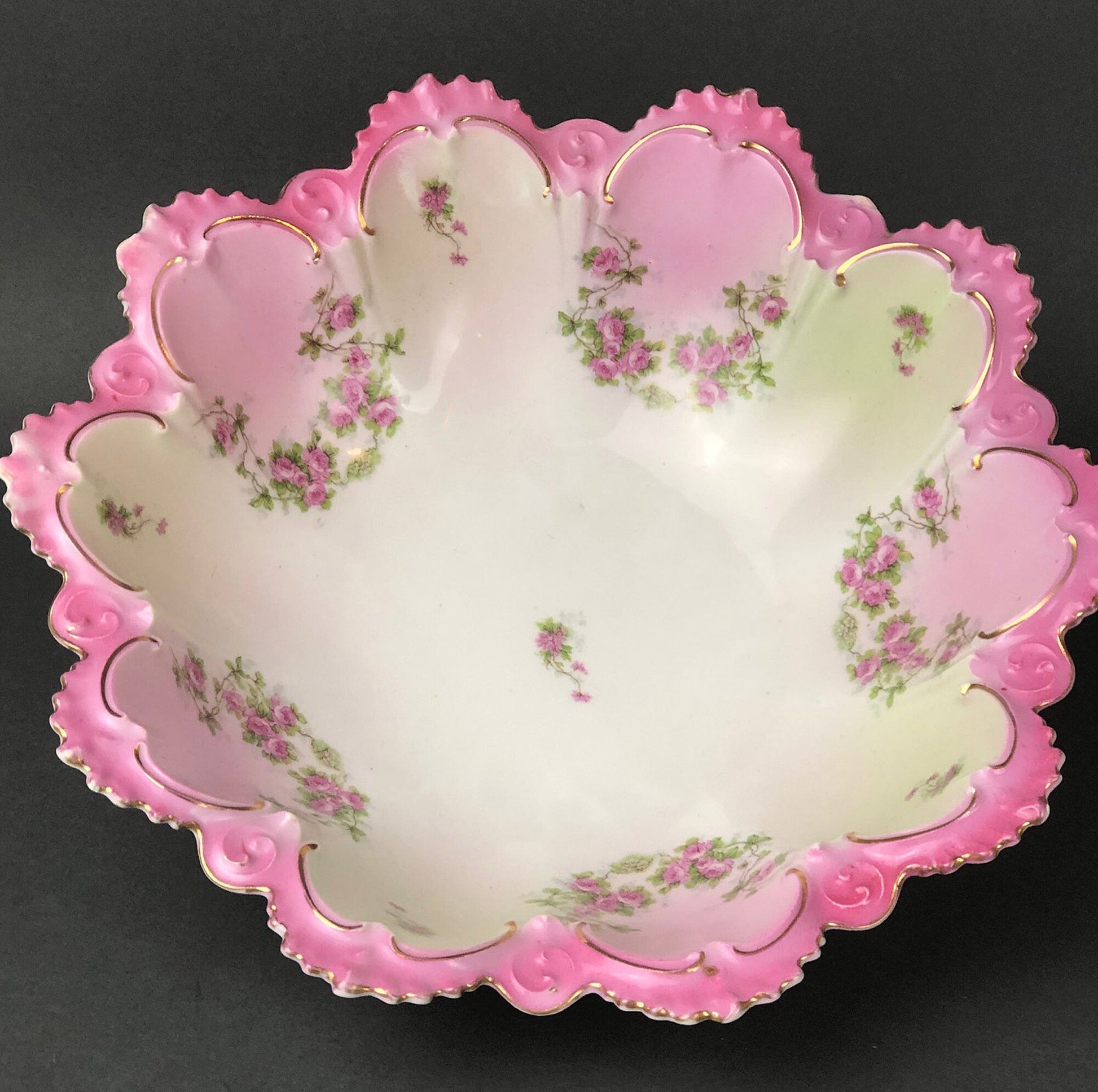 Antique M.Z. Austria Bowl: Hand-Decorated Roses, Scalloped Rim - Tampa Home & Garden Store