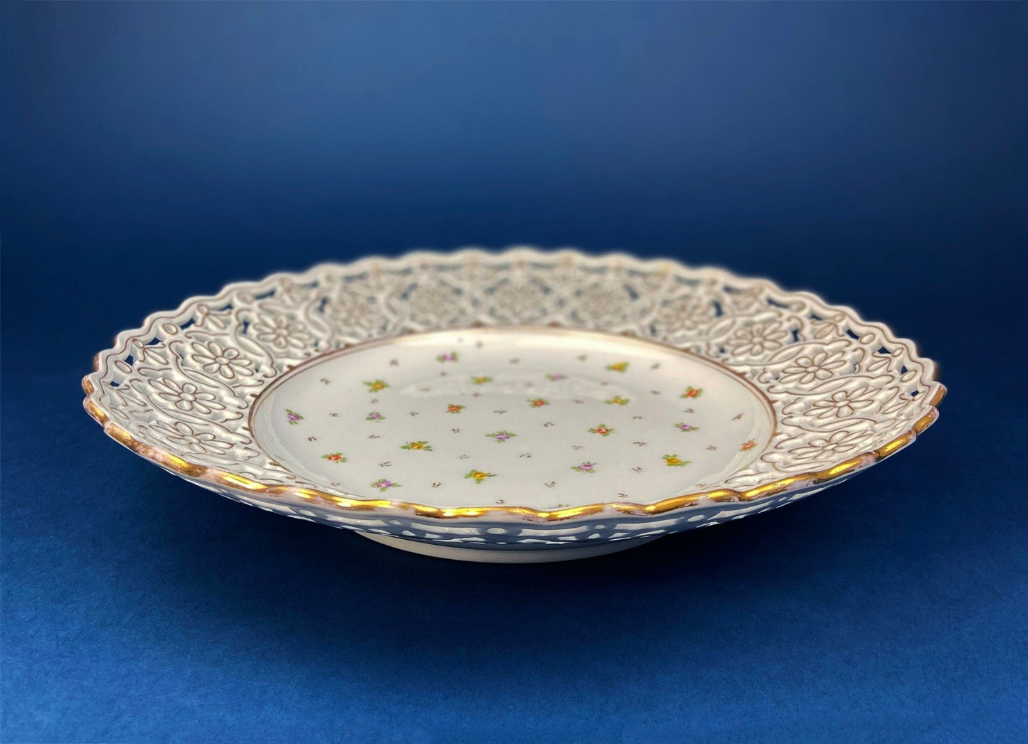 Antique Meissen Plate: Reticulated Hand-Painted Tea Rose Serving Platter - Tampa Home & Garden Store