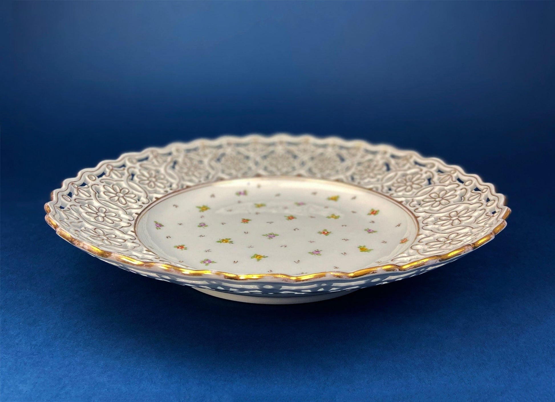 Antique Meissen Plate: Reticulated Hand-Painted Tea Rose Serving Platter - Tampa Home & Garden Store