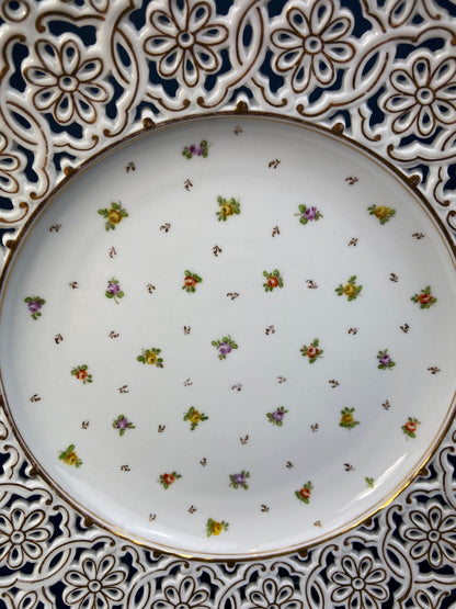 Antique Meissen Plate: Reticulated Hand-Painted Tea Rose Serving Platter - Tampa Home & Garden Store
