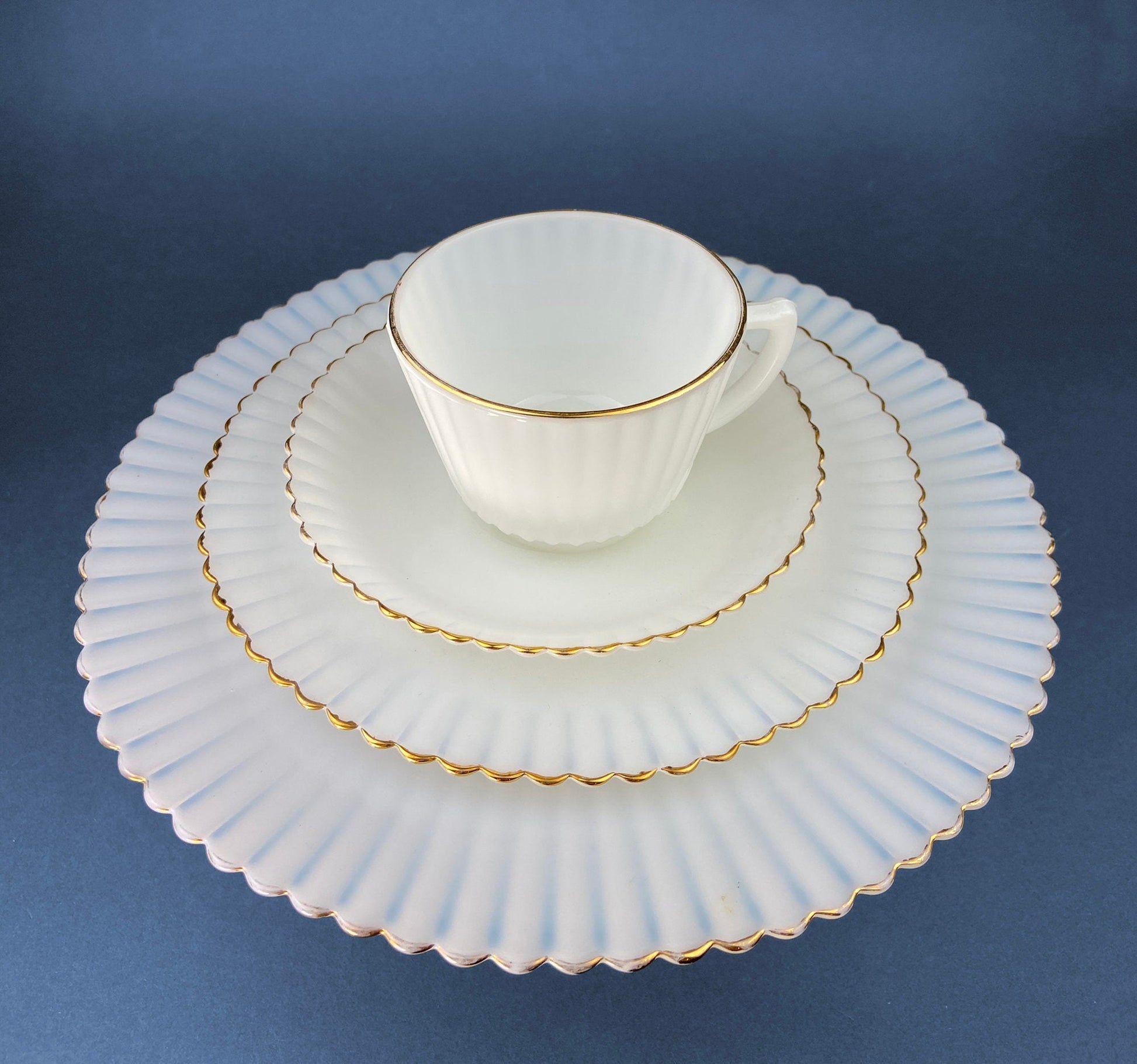 Antique Monax Petalware Opalescent Tea Set Trio. White and Gold Depression Glass Tea Cup, Saucer, Dessert or Salad Plate & Serving Plate. - Tampa Home & Garden Store