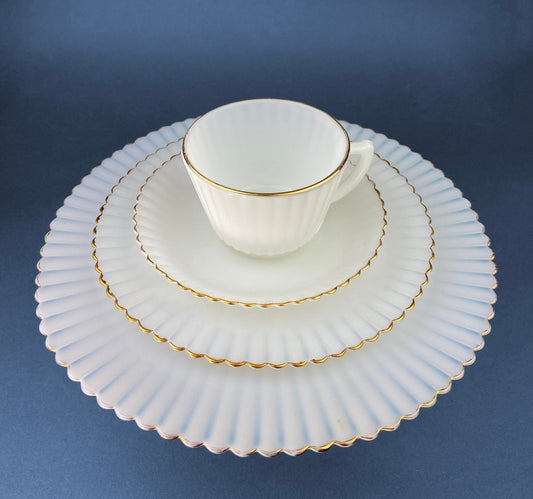 Antique Monax Petalware Opalescent Tea Set Trio. White and Gold Depression Glass Tea Cup, Saucer, Dessert or Salad Plate & Serving Plate. - Tampa Home & Garden Store