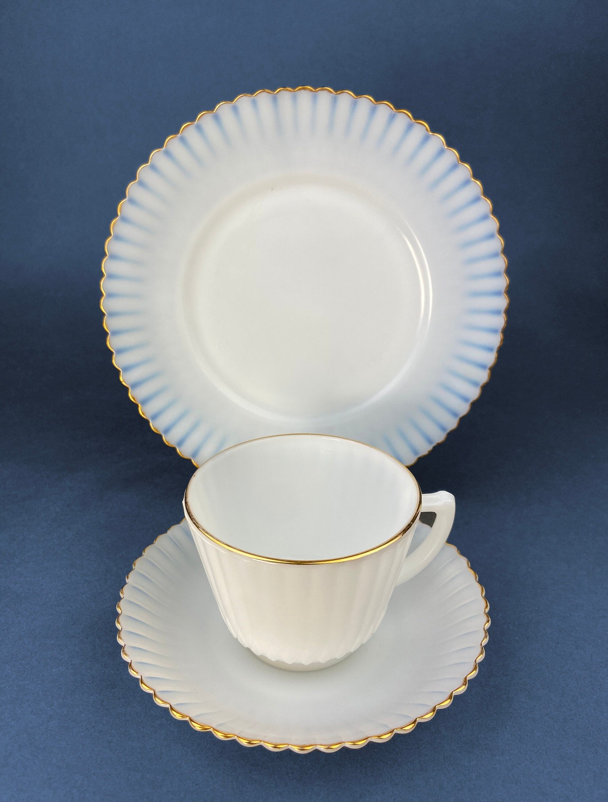 Antique Monax Petalware Opalescent Tea Set Trio. White and Gold Depression Glass Tea Cup, Saucer, Dessert or Salad Plate & Serving Plate. - Tampa Home & Garden Store