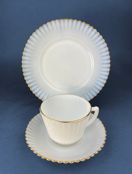 Antique Monax Petalware Opalescent Tea Set Trio. White and Gold Depression Glass Tea Cup, Saucer, Dessert or Salad Plate & Serving Plate. - Tampa Home & Garden Store