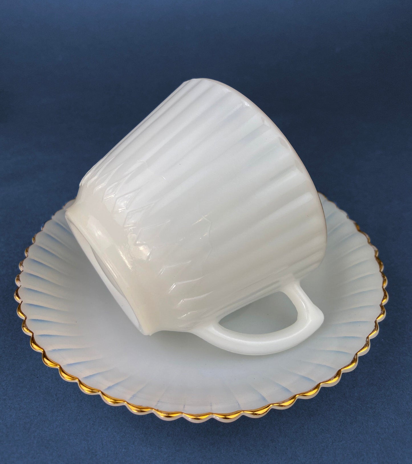 Antique Monax Petalware Opalescent Tea Set Trio. White and Gold Depression Glass Tea Cup, Saucer, Dessert or Salad Plate & Serving Plate. - Tampa Home & Garden Store
