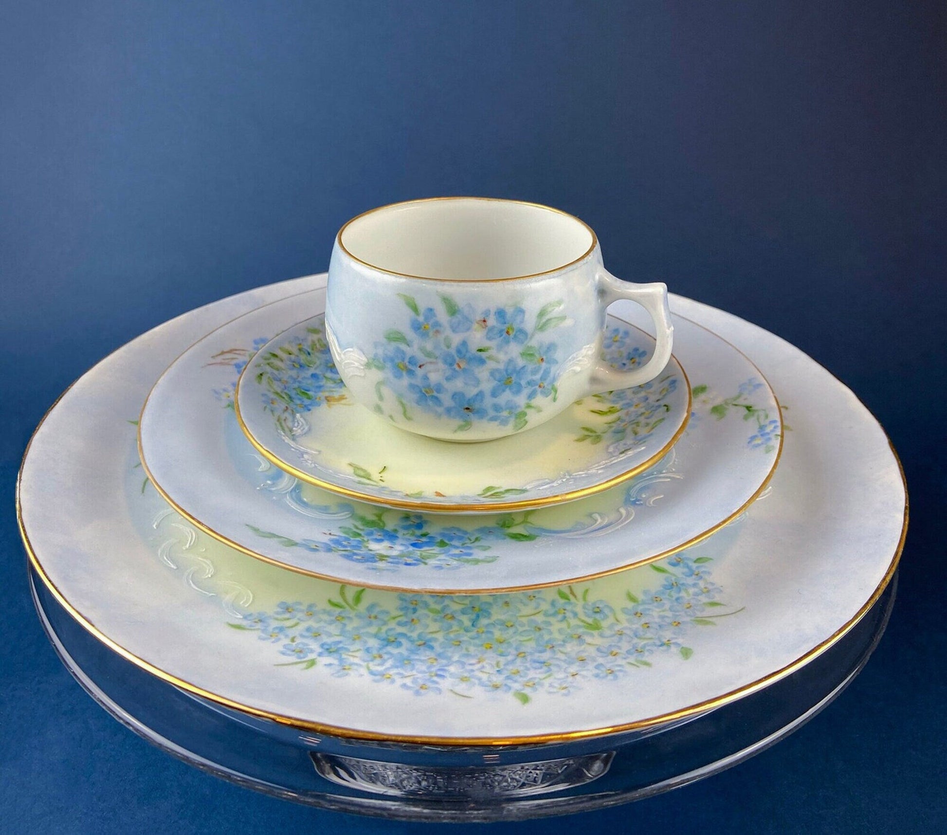 Antique Nippon Cup & Saucer Trio with Forget-Me-Not Motif. Hand Painted Porcelain. Collectible Porcelain.  Luxury Living. - Tampa Home & Garden Store