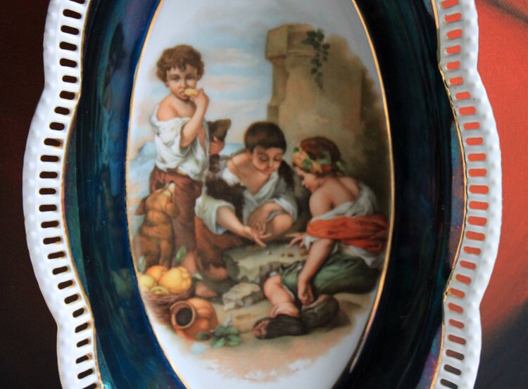 Antique Oval Bowl with Scalloped Intricate Rim ,  Bavarian Porcelain Bowl with Children Playing Images. - Tampa Home & Garden Store