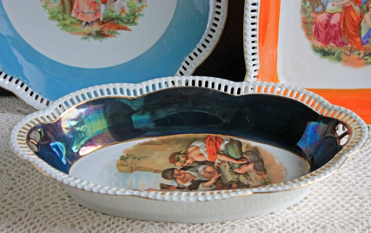 Antique Oval Bowl with Scalloped Intricate Rim ,  Bavarian Porcelain Bowl with Children Playing Images. - Tampa Home & Garden Store