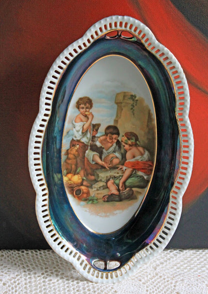 Antique Oval Bowl with Scalloped Intricate Rim ,  Bavarian Porcelain Bowl with Children Playing Images. - Tampa Home & Garden Store