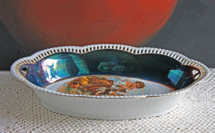Antique Oval Bowl with Scalloped Intricate Rim ,  Bavarian Porcelain Bowl with Children Playing Images. - Tampa Home & Garden Store